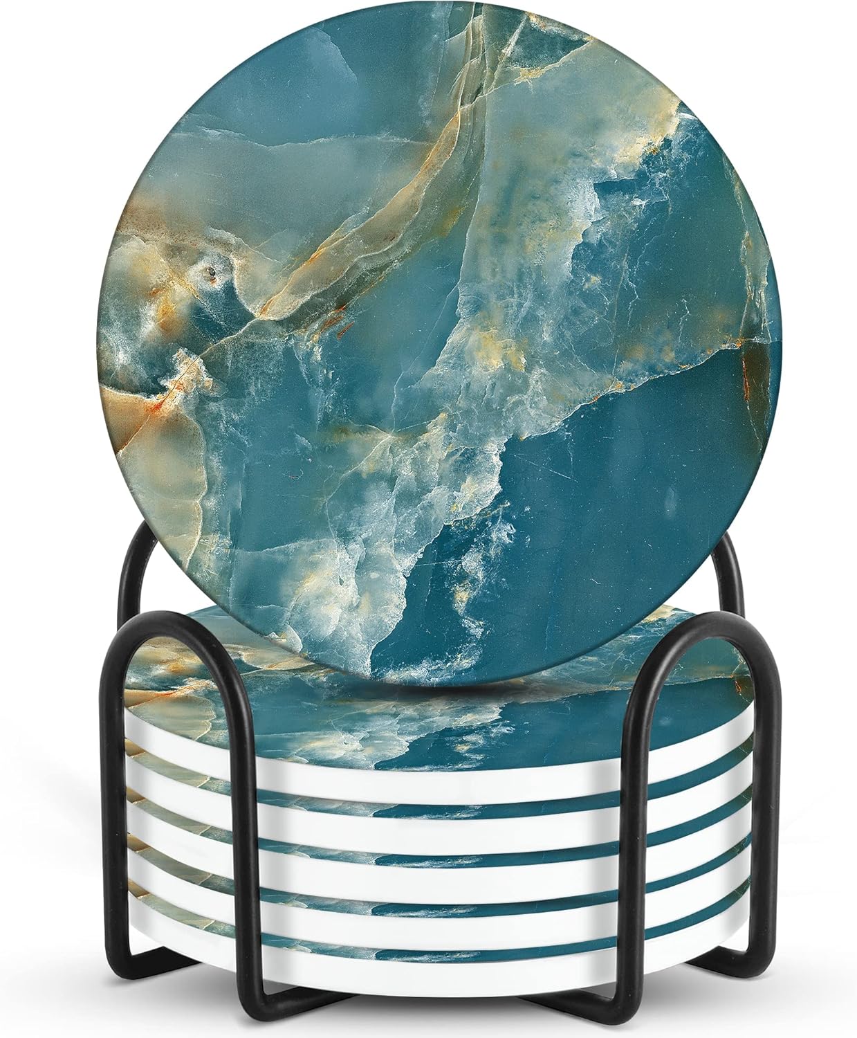 Emerson Coasters for Drinks Absorbent – Natural Stone Drink Coasters Set with Holder, Coasters for Coffee Table, Wooden Tabletop Protection Marble Style – 100% Heavy Duty Set of 6 (Seaside)