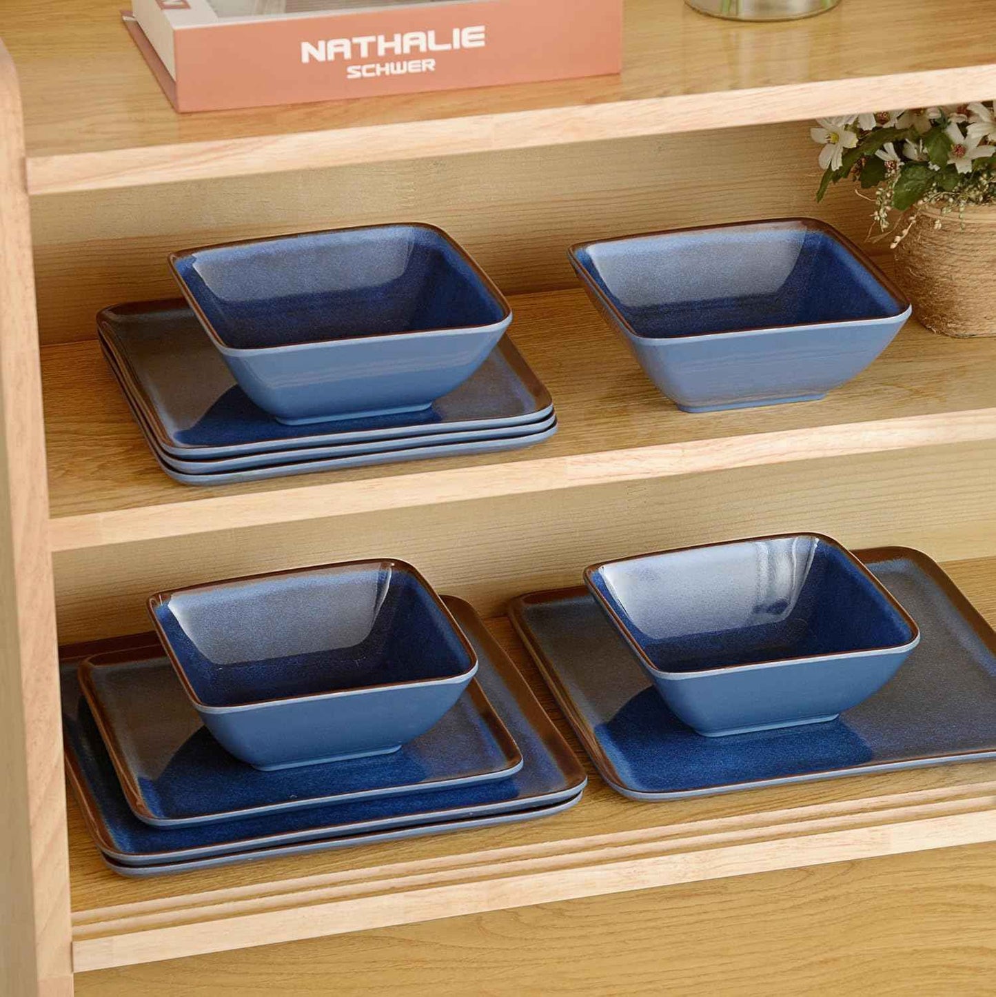 Melamine Dinnerware Sets, 12 Pcs Square Plates and Bowls Sets of 4, Unbreakable Dishes Set for Outdoor Use, Lightweight Dishware Set for Camping,Patio and RV, Dishwasher Safe, Navy Blue