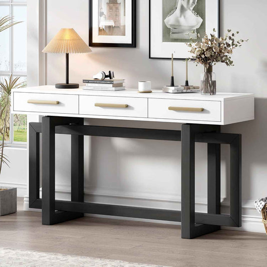 Contemporary Entryway Console Table 57-Inch Extra Long Minimalist Entry Sofa Table with Storage Drawers for Living Room Hallway, Gray & White
