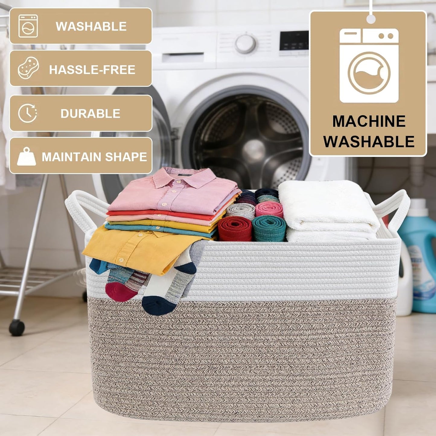 Large Blanket Basket,Woven Rope Basket Storage Bin with Handles,65L Rectangle Laundry Basket for Magazines,Toys,Clothes,Newspaper Shelf Organization,Nursery and Living Room,White & Brown