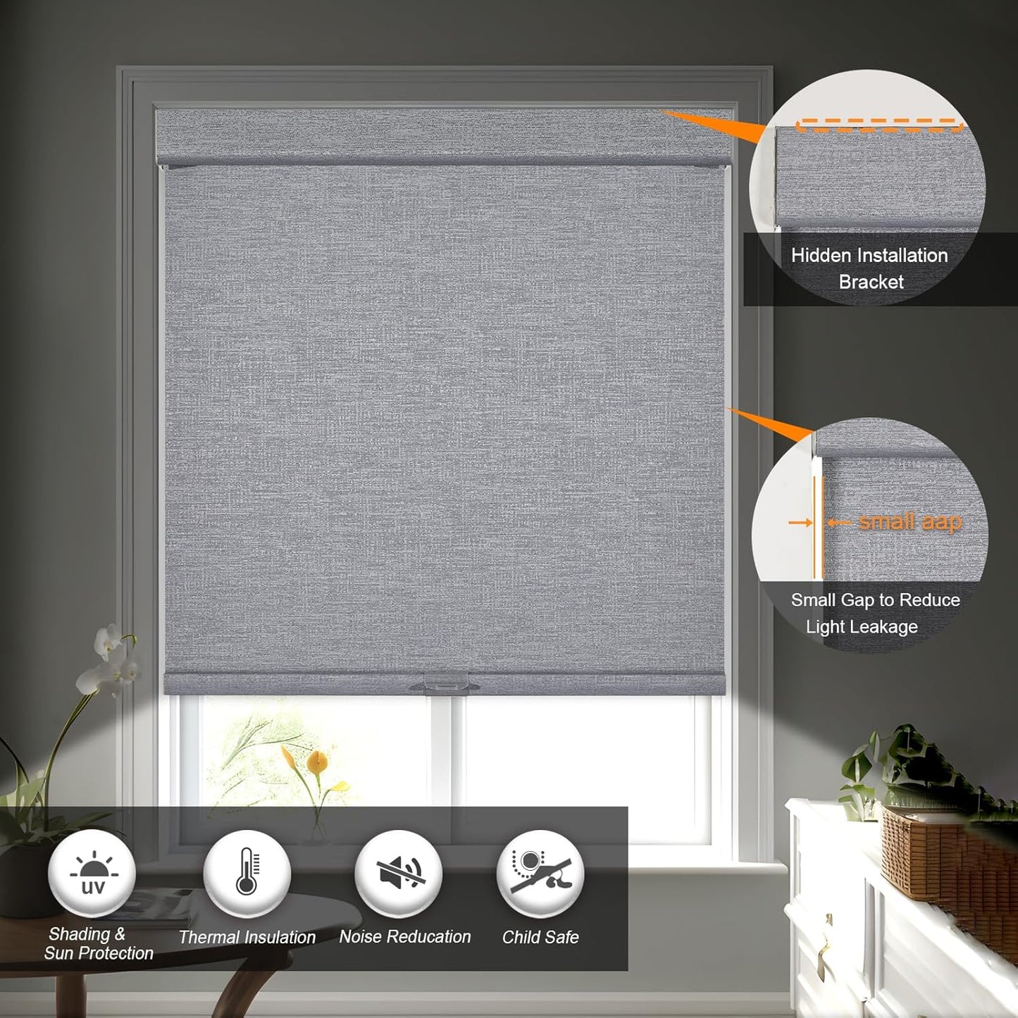 Persilux Blackout Roller Shades for Indoor Windows with Upgraded Cassette, Cordless Shades Window Blinds Pull Down for Doors, Easy to Install for Office/Living Room/Bedroom, Grey(32" W x 84" H)