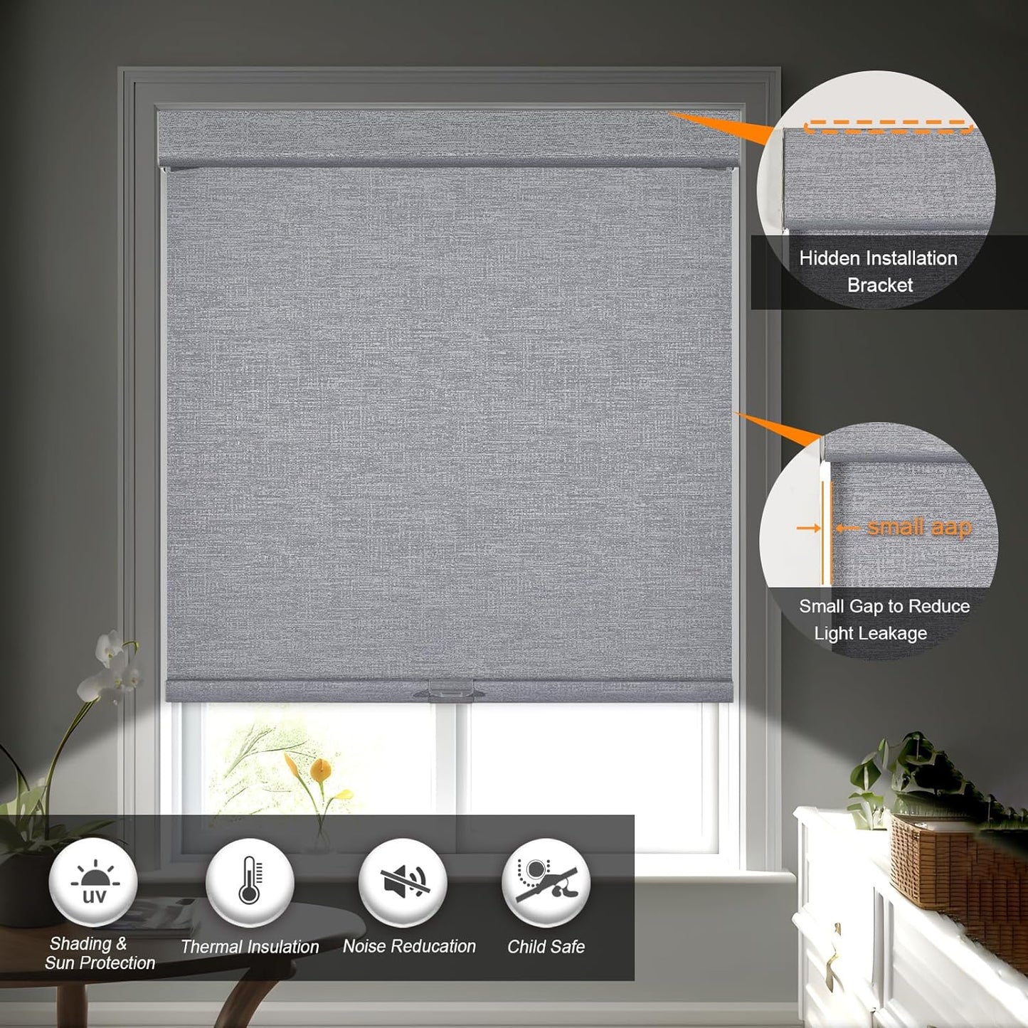 Persilux Blackout Roller Shades for Indoor Windows with Upgraded Cassette, Cordless Shades Window Blinds Pull Down for Doors, Easy to Install for Office/Living Room/Bedroom, Grey(64" W x 96" H)