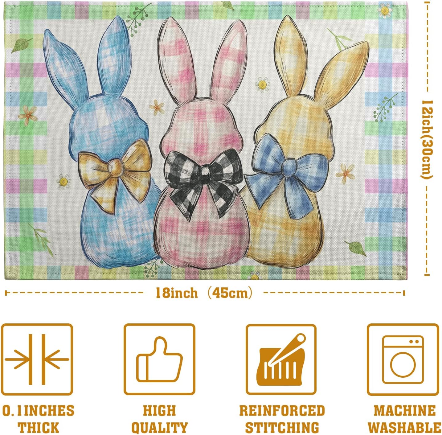 Easter Bunny Placemats Set of 4 Green Blue Pink Yellow Buffalo Plaid Rabbits Floral Bow Place Mats 12x18 Inch Happy Easter Table Mats for Spring Party Kitchen Dining Holiday Decor