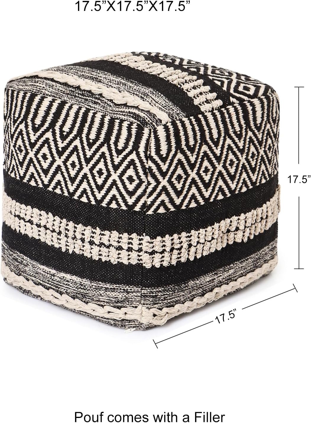 REDEARTH · Tufted Pouf Ottoman with Filler Textured Storage Cube Bean Bag Pouffe Footrest for Living Room, Bedroom, Nursery, Kidsroom; 100% Cotton (17.5"X17.5"X17.5", Char Delineate Black)