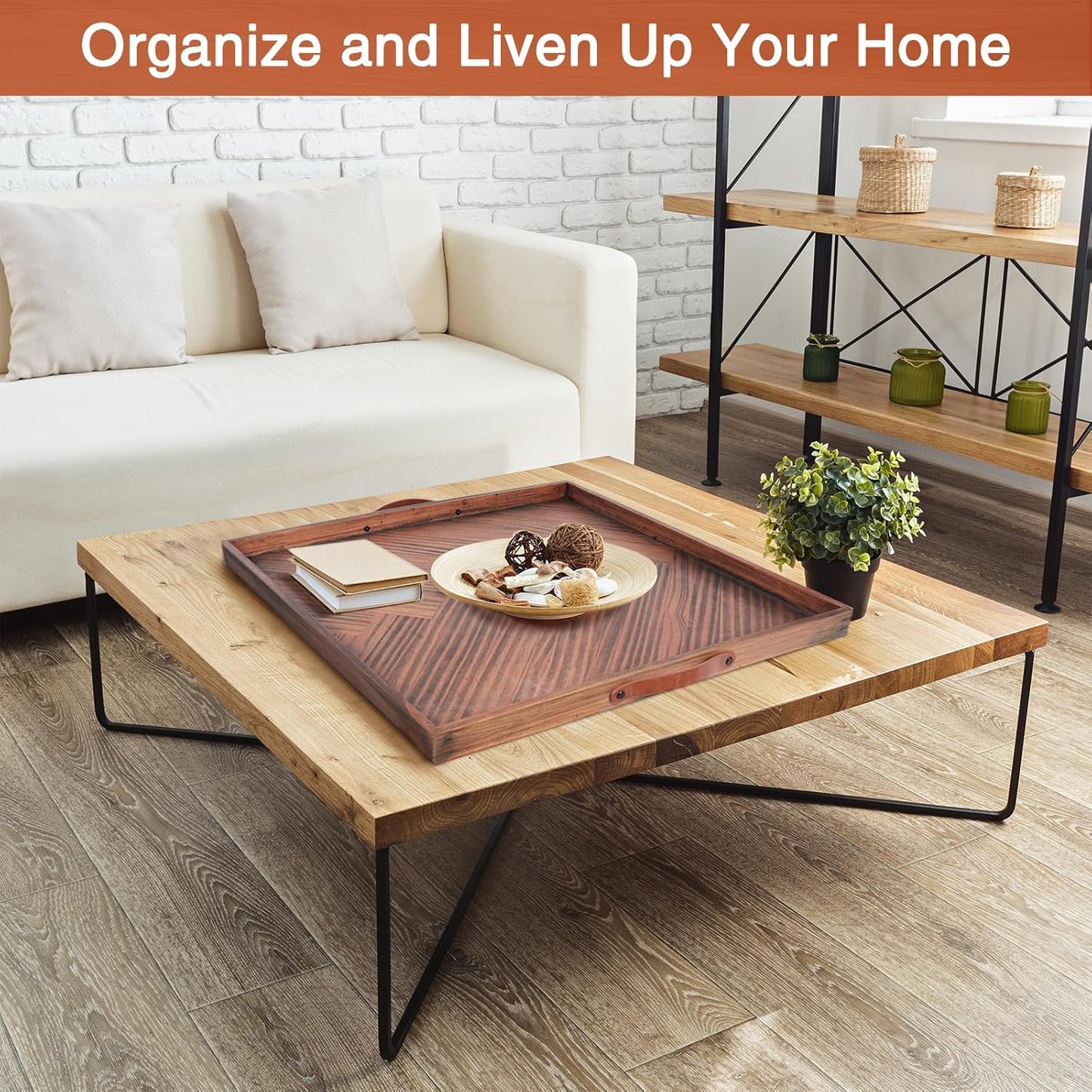 SXNOWS Large Ottoman Wood Trays, Wooden Serving Tray with Handles, Large Ottoman Tray, Square Wooden Serving Tray for Coffee Table, Living Room and Kitchen, 24 x 24 inch