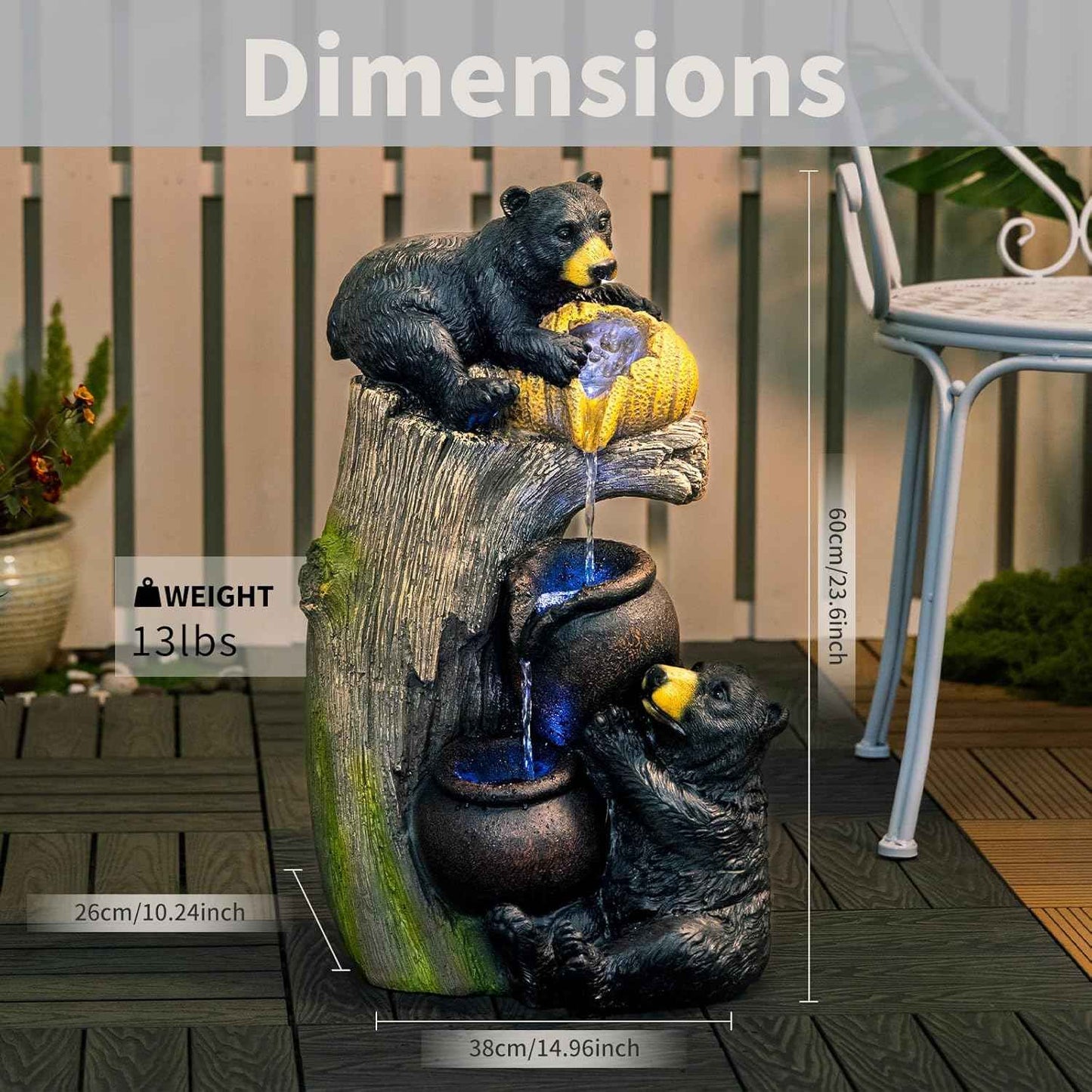 23.62" H Bear Outdoor Garden Water Fountain with LED Lights, 3-Tier Cascading Waterfall Freestanding Decor Water Feature for Patio, Yard, Balcony, Garden Decor, Weather-Resistant Resin, Brown Grey
