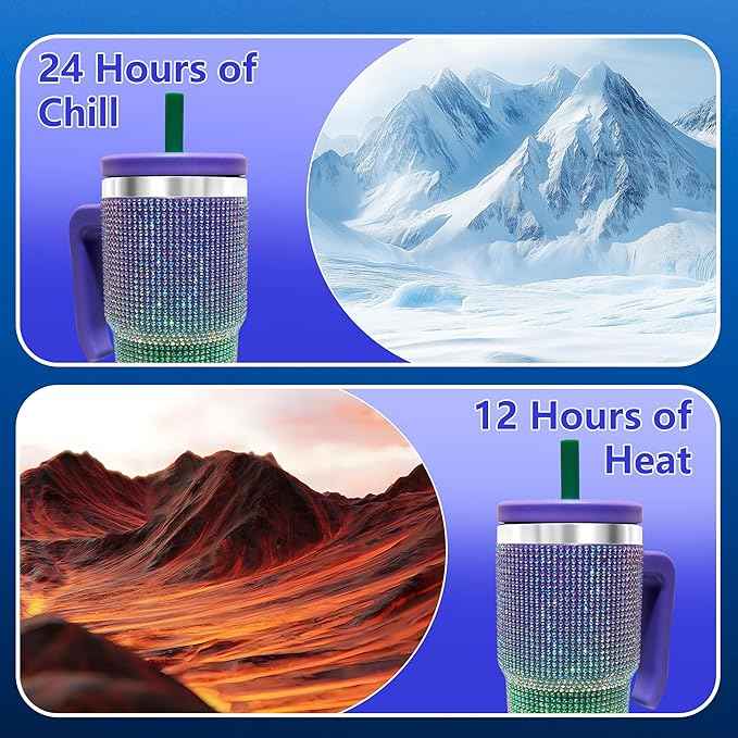 2PCS 20-OZ Insulated Water Bottle,Insulated Stainless Steel Tumbler,Reusable Cold Drink Thermos,BPA-Free, Double-Wall Stainless Steel Water Bottle (Purple Green Gradient-Diamonds, 20, Fluid Ounces)