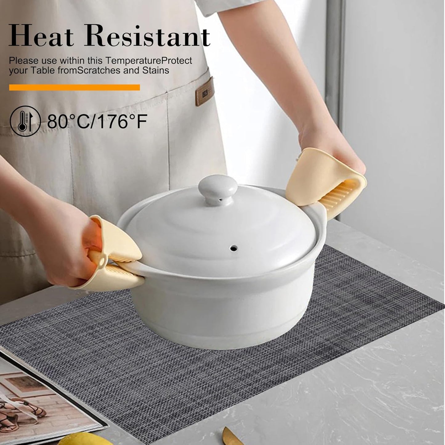 CADONO Placemats Set of 4 Washable Indoor/Outdoor Vinyl Place Mats for Dining Table Durable Non-Slip Heat Resistant PVC Weave Table Mats（Black）