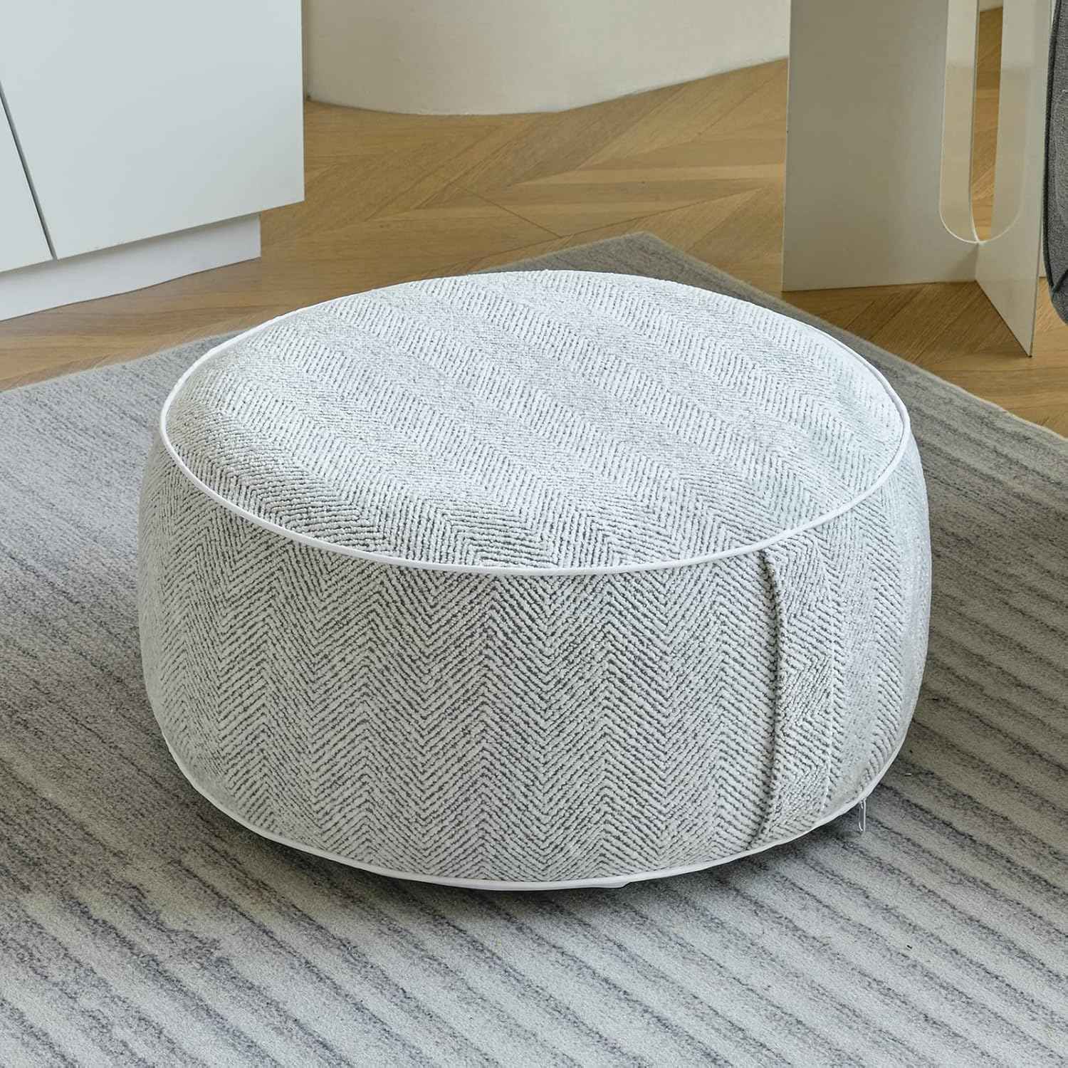 Inflatable Pouf Ottoman, 21x10 Inches Stuffed Chenille Ottoman with Inflatable PVC Liner, Foot Rest with Portable Handle, Round Floor Pillow for Living Room, Bedroom, Kids Room