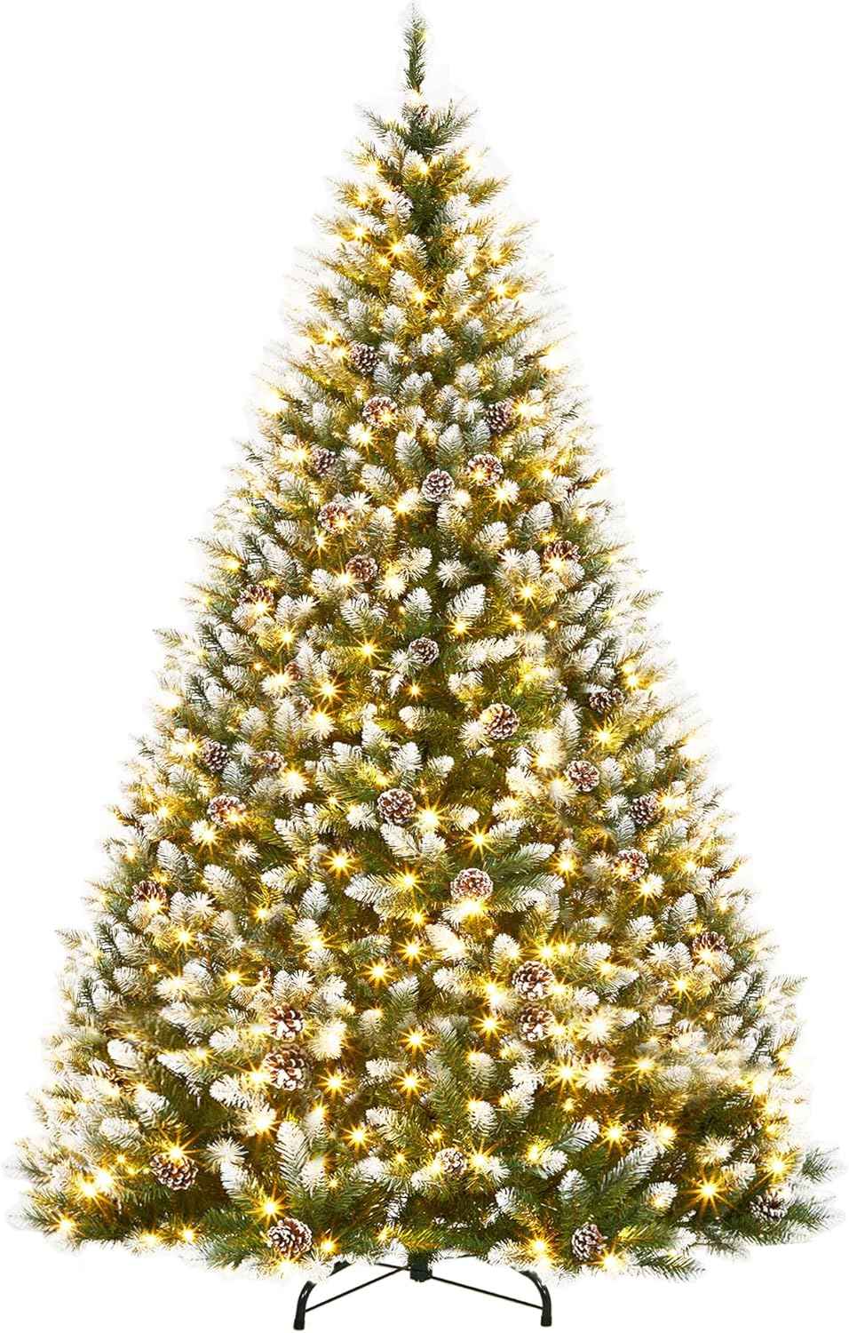 9 ft Christmas Tree, Christmas Decorations with 900 Lights, Pre-lit Artificial Christmas Tree with 1800 Snowy White PVC Branches, Flodable Metal Stand＆Easy Assembly