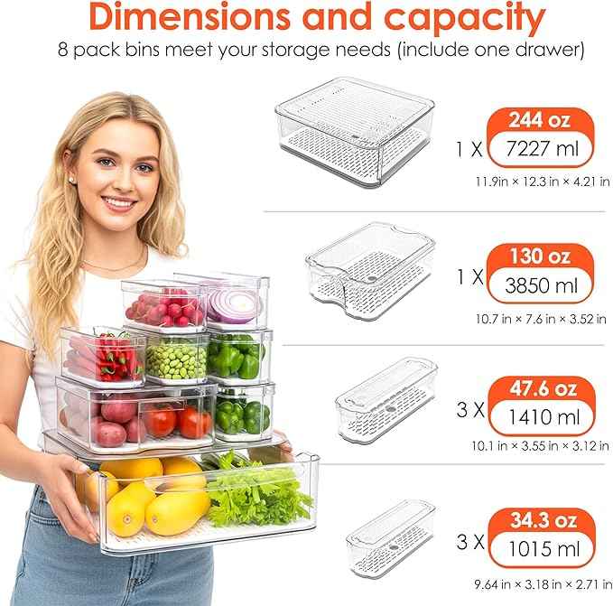 SMRCAD Fridge Organizers and Storage, 8 Pack Clear Freezer Organizer Bins with Lids for Kitchen, Pantry, Refrigerator, Food, Fruit, Vegetable Storage (8 Bins (Include Pull-out Drawer))
