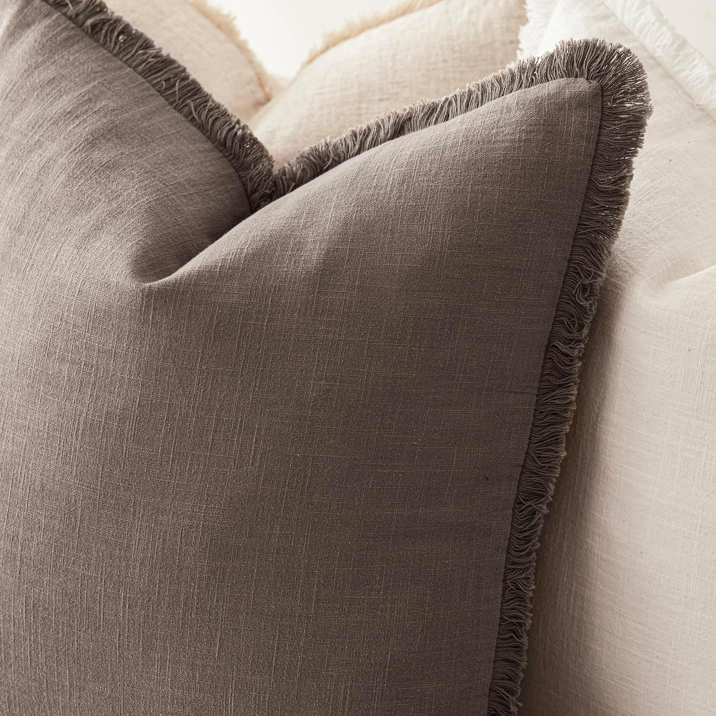 Foindtower Set of 2 Decorative Linen Fringe Throw Pillow Covers Cozy Farmhouse Cushion Cover with Tassels Accent Pillowcase for Couch Chair Sofa Bed Living Room Home Decor,16×16 Inch,Light Coffee