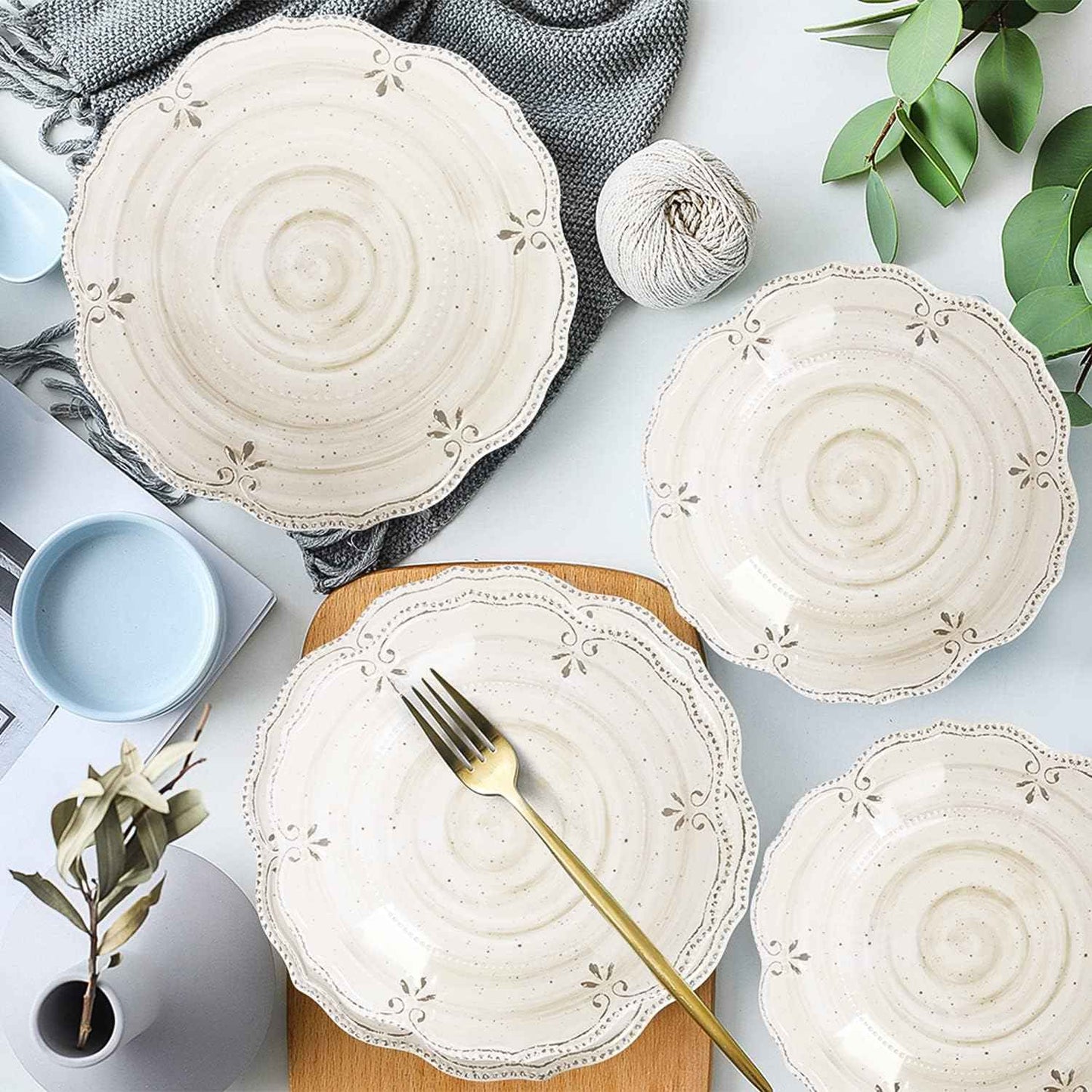 Dinnerware Sets 12 pcs Plates and Bowls Sets Melamine Plates Indoor and Outdoor use French Court Style Dish Set Plate Set for 4 Dishwasher Safe（White）