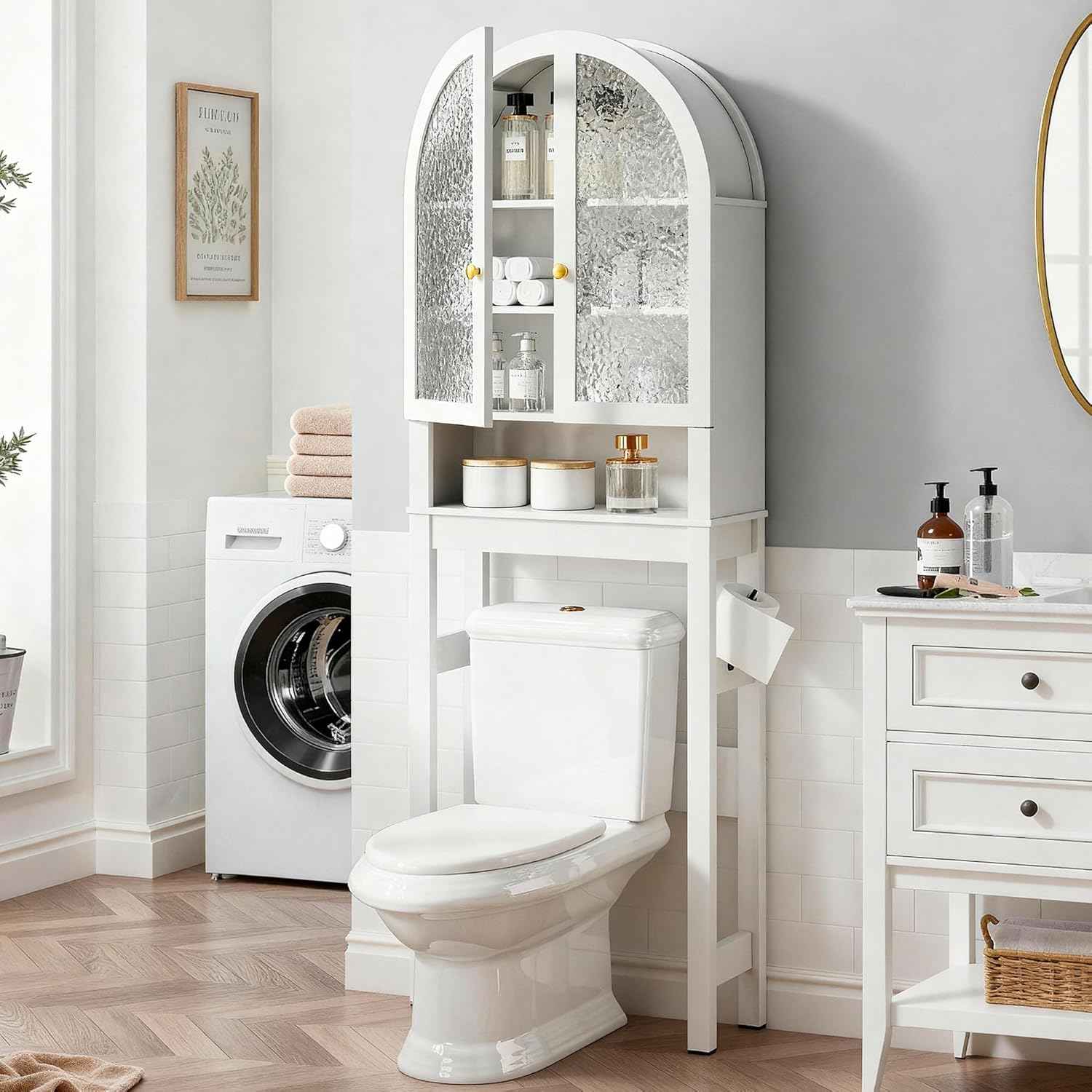 HMstone Over The Toilet Storage Cabinet, Arched Bathroom Organizer and Storage with Acrylic Doors and Adjustable Shelf, Space-Saving Freestanding Bathroom Modern Storage Cabinet Over Toilet