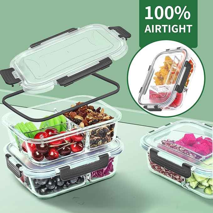 Skroam 5-Packs 36OZ Glass Airtight Food Storage Containers 3 Compartments, Meal Prep Container Set with Lids for Pantry Kitchen Organizers and Storage, BPA Free Glass Lunch Boxes Bento