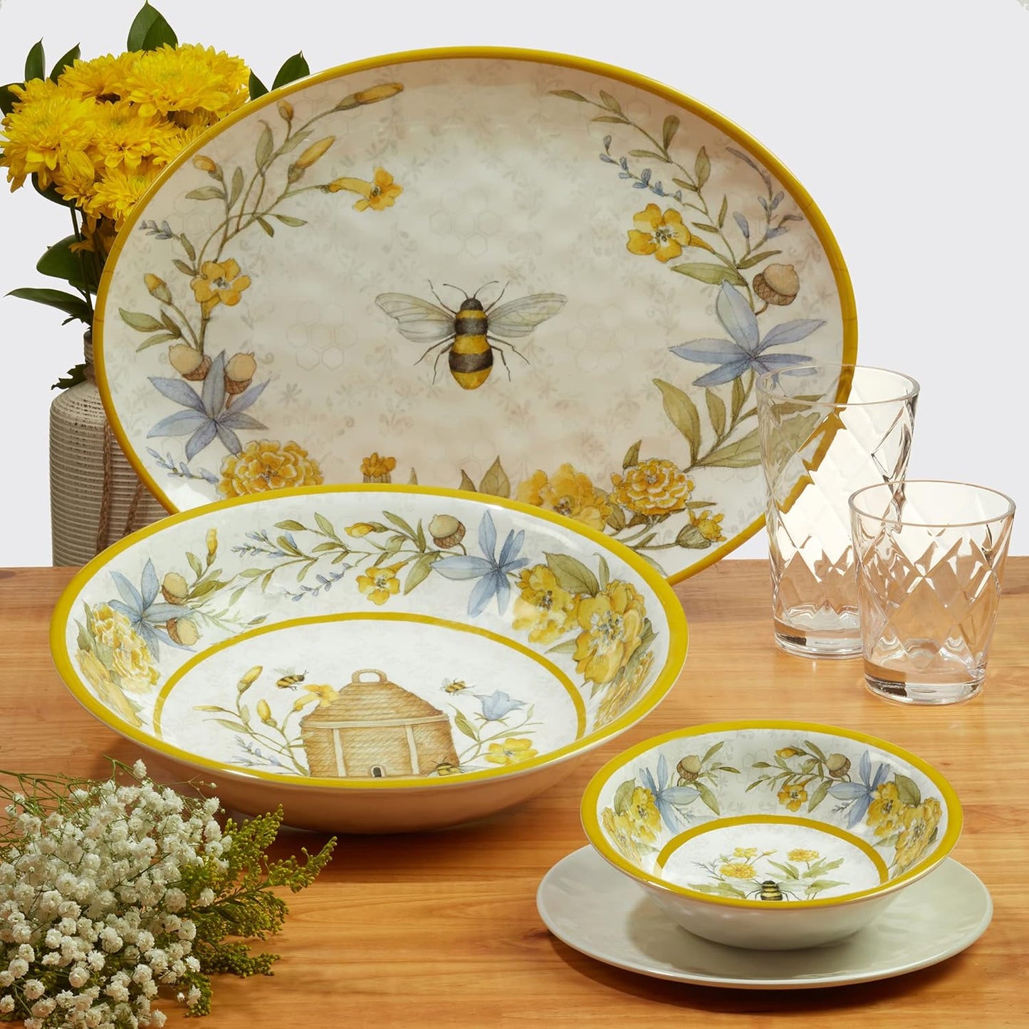 Certified International Bee Sweet 12-Piece Melamine Dinnerware Set, Service for 4, Bee & Floral Plates and Bowls, Durable Shatterproof Outdoor Tableware for Spring & Summer Entertaining