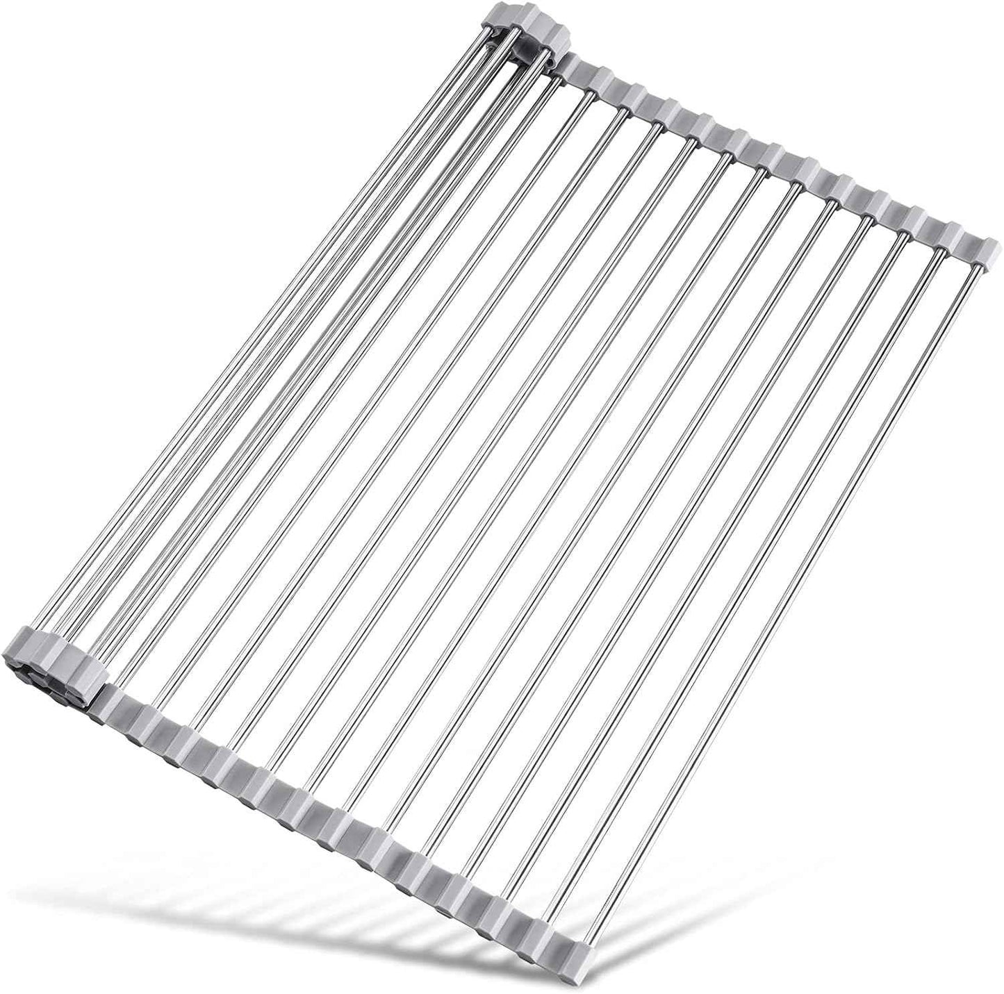 Tomorotec 17.7" x 15.5" Roll Up Dish Drying Rack Over Sink Drying Rack Sink Cover Kitchen Sink Accessories Gadget Multipurpose Organizer Foldable Stainless Steel Drainer (Grey)