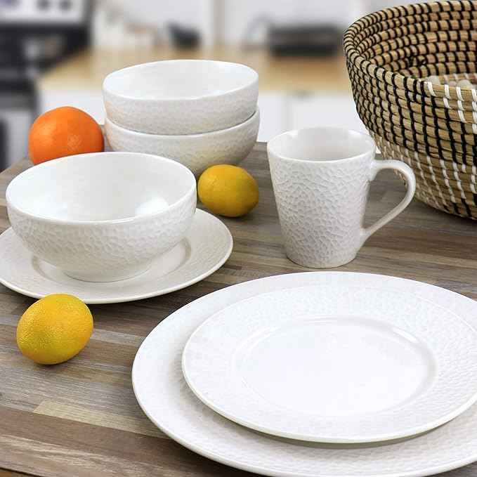 Elama White Porcelain Dish Dinnerware Set, 16 Piece, Jasmine (Elama Glossy)