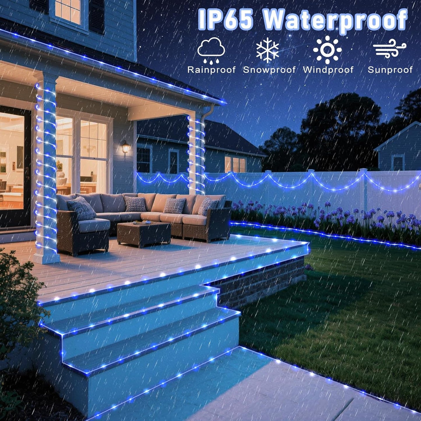 Rope Lights for Outside, 66FT 200 LED Christmas Lights Outdoor with Waterproof 8 Modes, Connectable Tube String Light for Indoor Bedroom, Garden, Backyard, Patio, Pool Decorations - Blue White