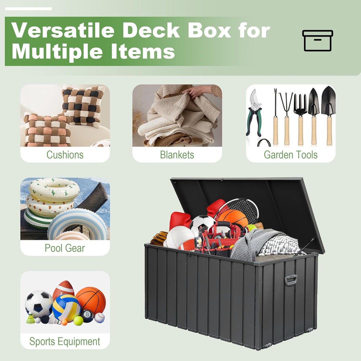 Domi 100 Gallon Deck Box, Outdoor Metal Lockable Storage Cabinet, Waterproof Steel Outdoor Bench with Lockable Lid, Side Handles & Rolling Casters for Outside Cushions, Pillows, Garden Tools, Grey