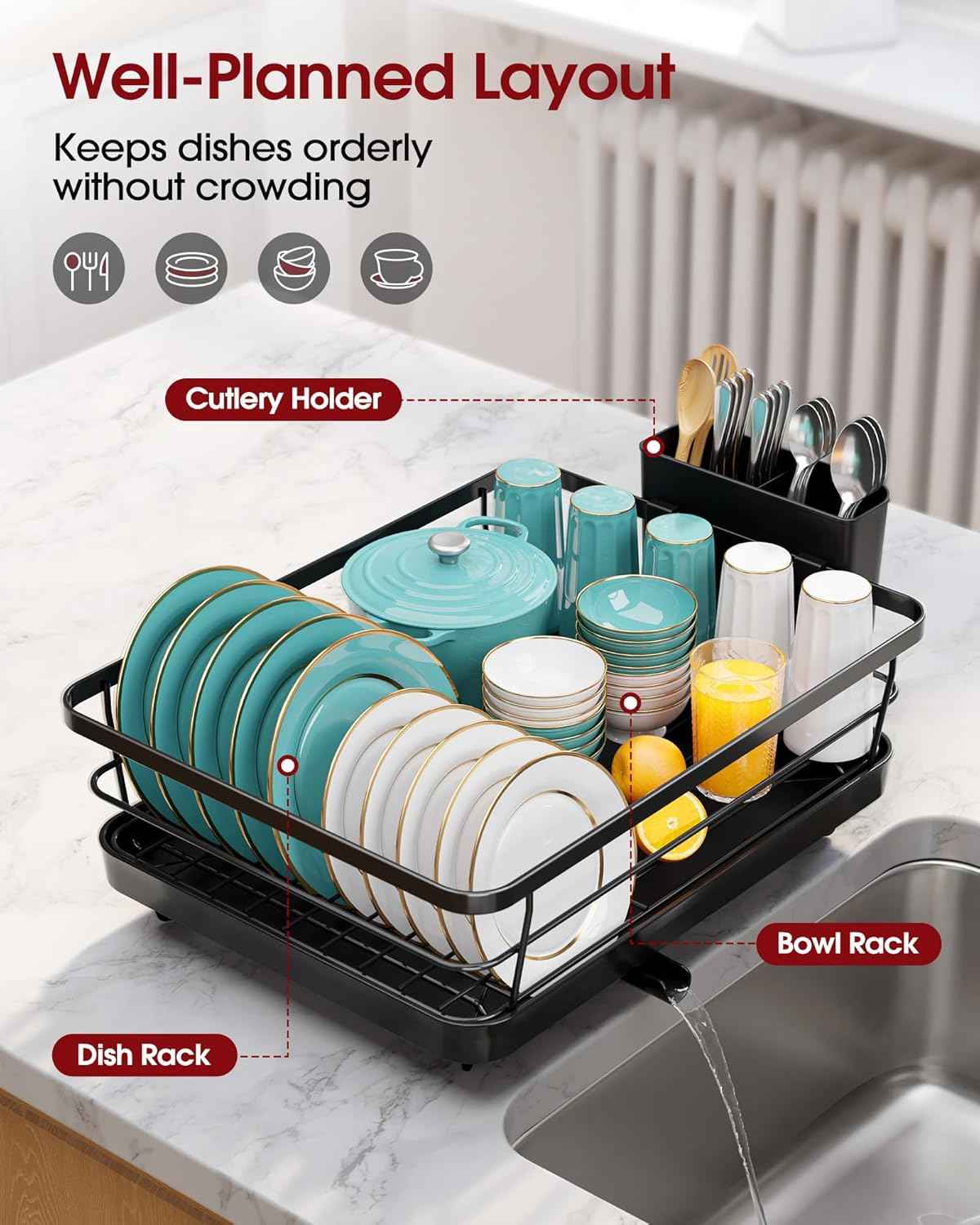 Sakugi Stainless Steel Dish Drying Rack for Kitchen Counter, Sink Organization and Storage Essentials with Silverware & Utensil Holder, Home and Apartment Decor, 12''W x 15.5''L, Black
