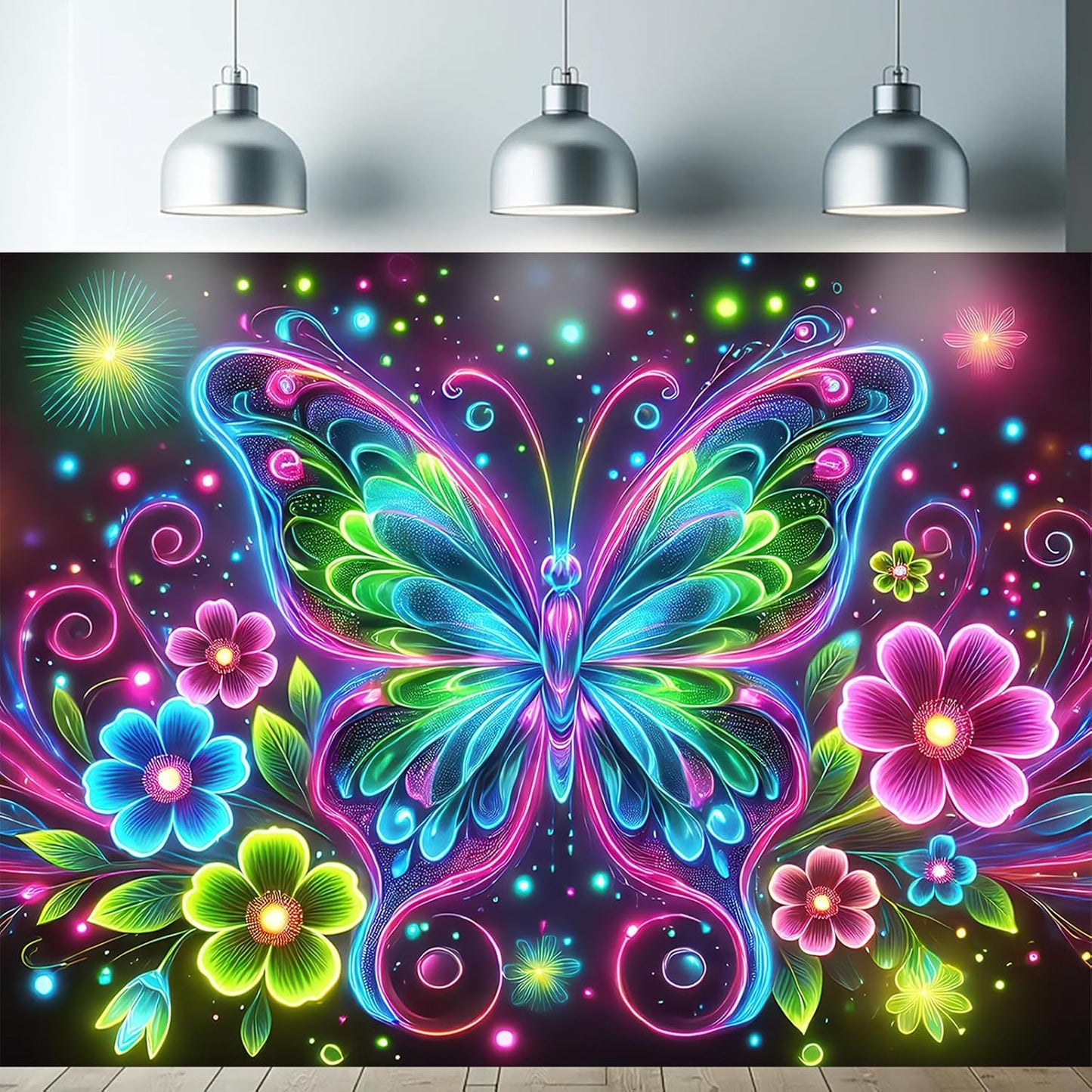 Starlit Patio Blacklight Butterfly Tapestry UV Reactive Glow in The Dark Wall Hanging Trippy Neon Floral Tapestry Poster Landscape Backdrop for Bedroom Living Room Dorm Aesthetic Decor 78 x 59 Inches
