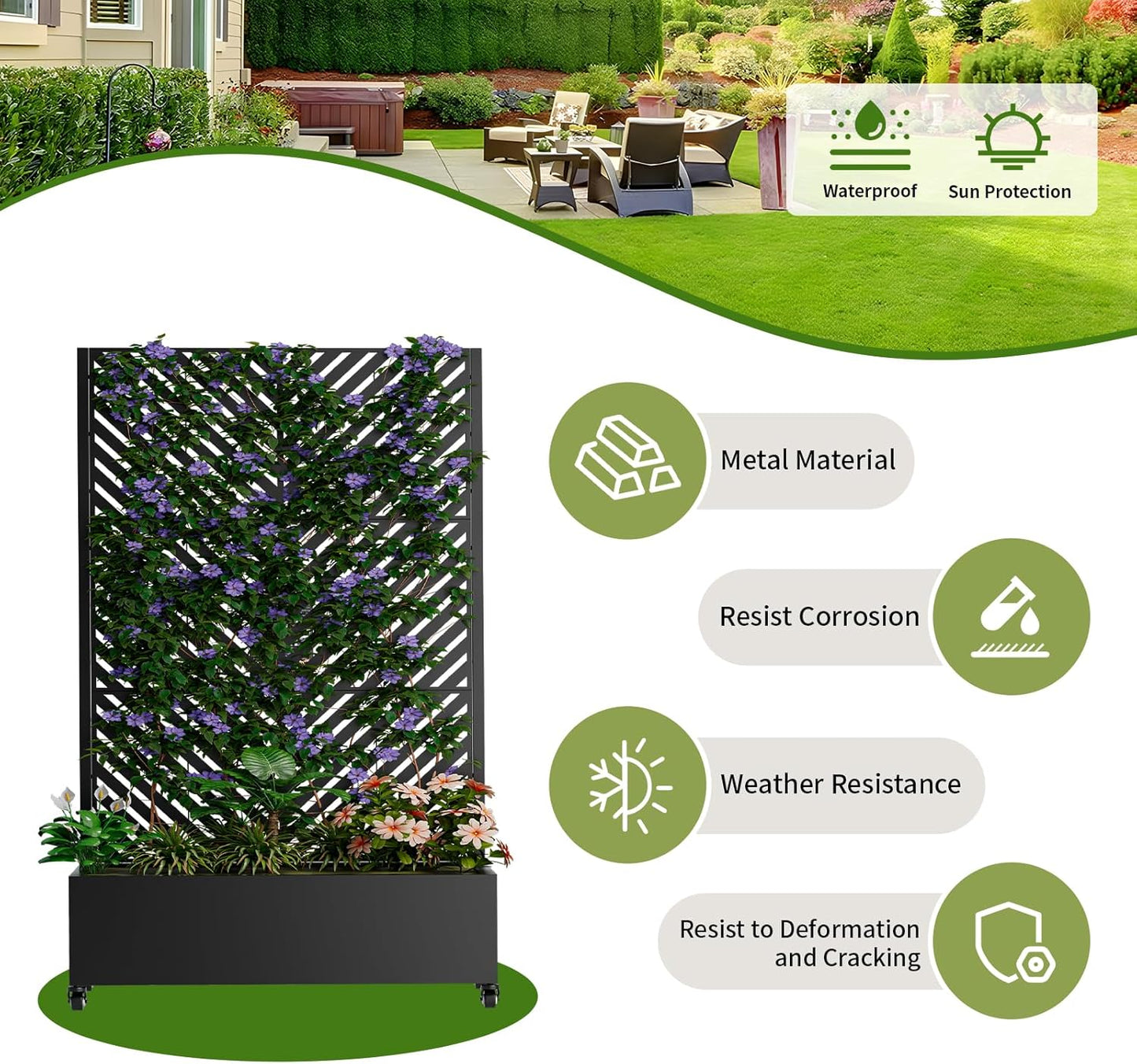 Metal Planter Box with Trellis and Wheels, 73"x47"x16" Galvanized Steel Raised Garden Bed with Drainage Holes, Outdoor Planter with Privacy Screen Function for Climbing Plants and Vines, Black