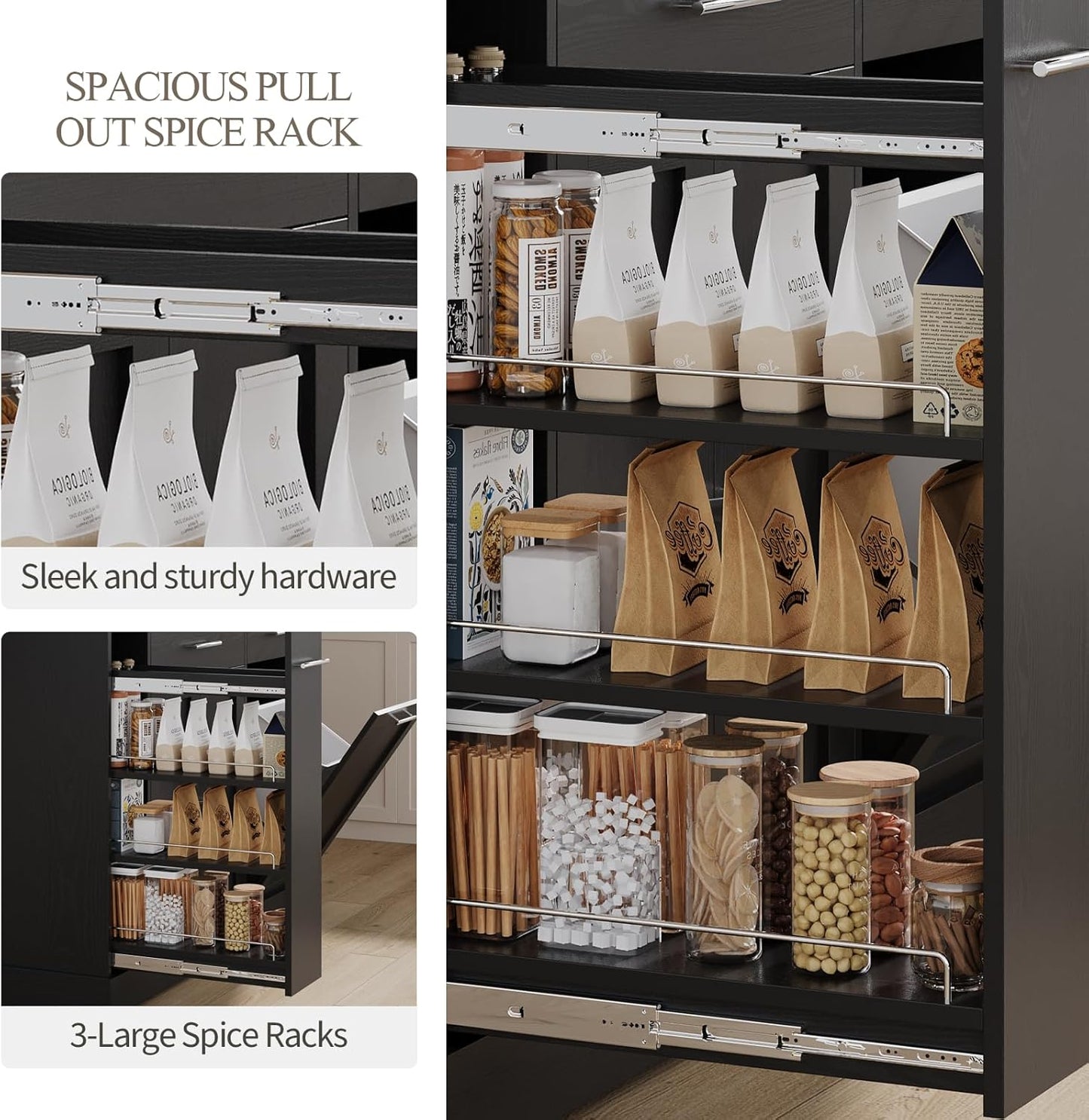 4 EVER WINNER Kitchen Island with Storage, Kitchen Island Cart on Wheels with Trash Can Cabinet, Spice Rack & Towel Rack, Kitchen Island Table with Faux Marble Countertop, Black