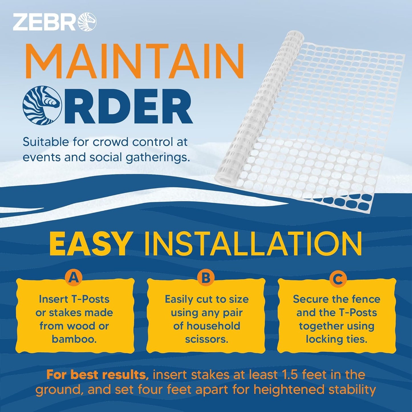 ZEBRO 4' x 50' White Plastic Garden Fence Roll – Light Duty Mesh Fencing for Temporary Fence, Snow, Garden Netting, Animal Barrier, Agricultural Fencing & Lawn Protection