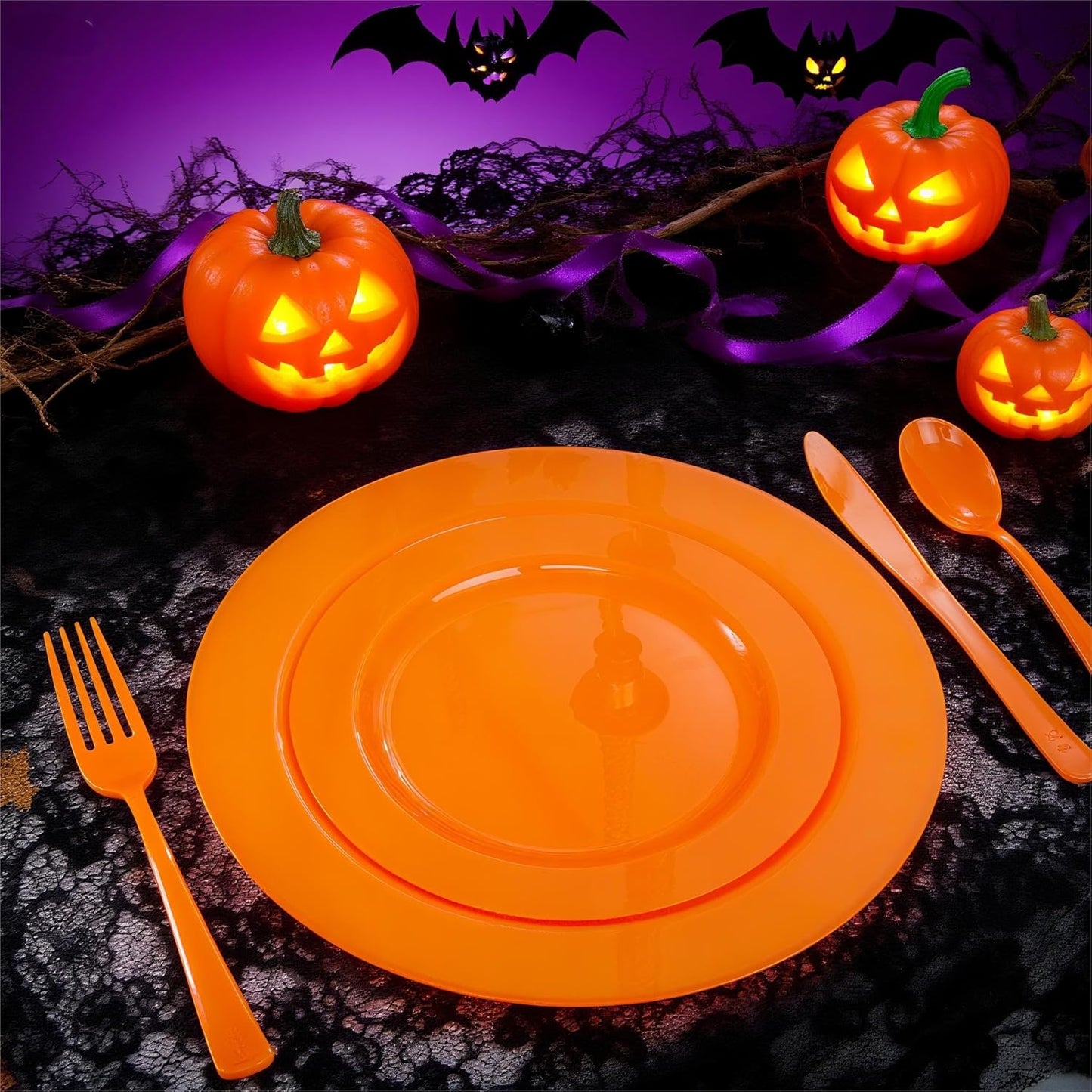 FLOWERCAT 60PCS Orange Plates - Heavy Duty Orange Plastic Plates Disposable for Halloween & Thanksgiving Party - Serve 30 Guests 10.25inch and 7.5inch