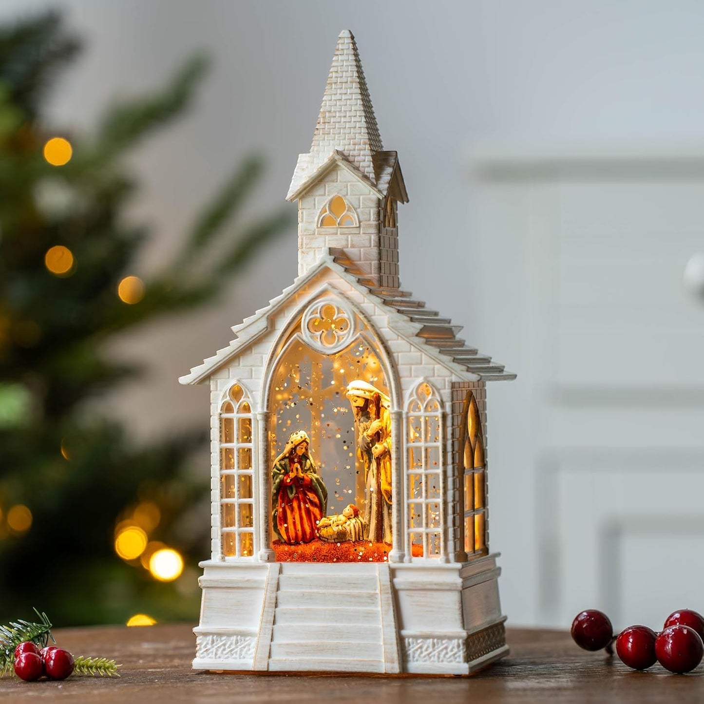 Christmas Snow Globe Lantern Musical Holy Family Lighted Water Church, USB Lined/Battery Operated Lighted Lantern for Christmas Festival Decoration Gifts