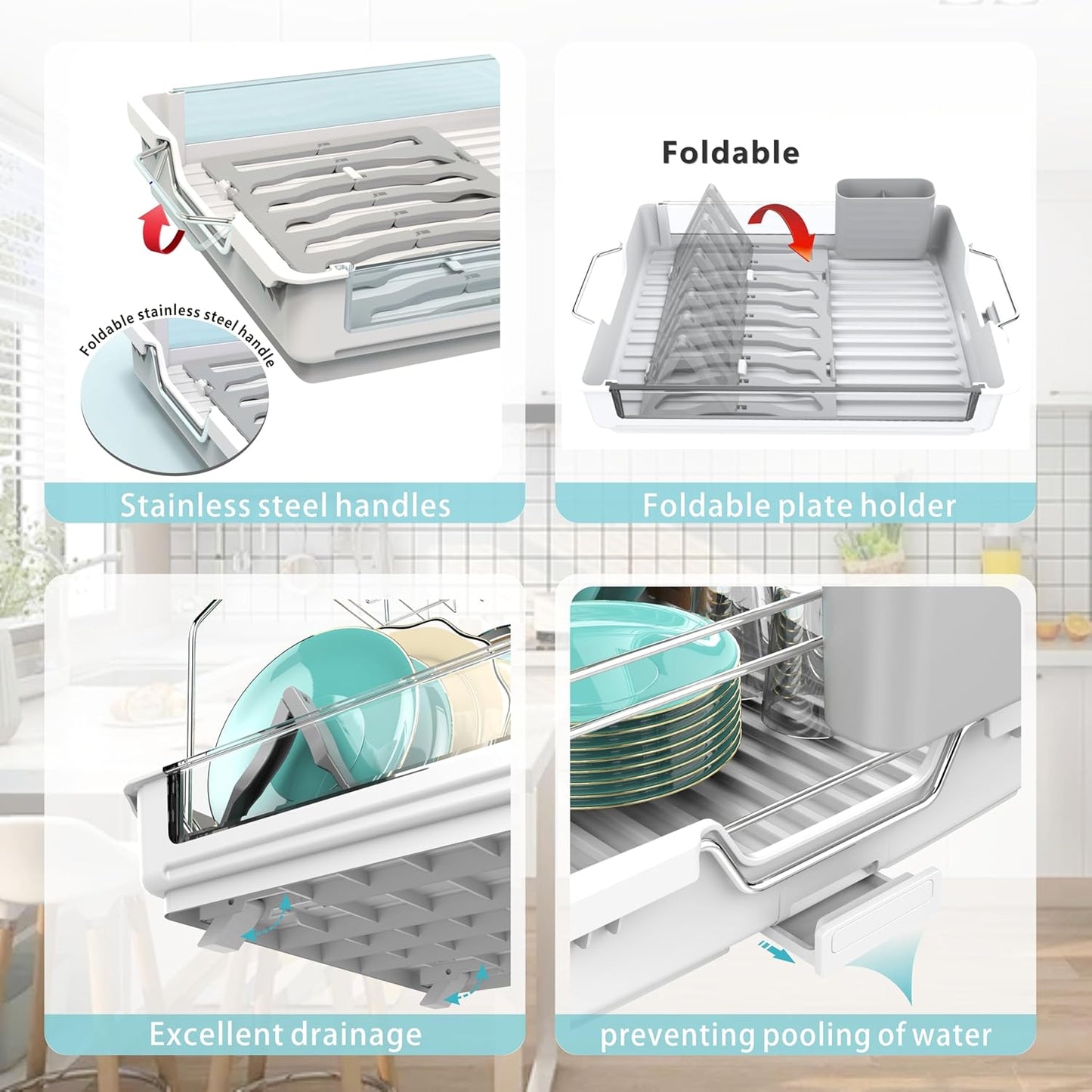 Rustproof Dish Drying Rack, 2 Tier Large Dish Rack,17.13"(L) x 13.2"(W) x 15.35"(H), Detachable Dish Drainer Organizer with Utensil Holder, Drainboard,White