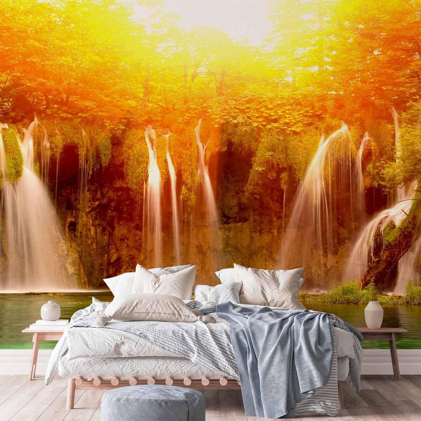 artgeist Premium Wall Mural Waterfall 216x98 in - Non-Woven Photo Wallpaper Art Print Fleece Wall Mural Decoration Poster Picture Design Nature Lake Sun Forest Landscape c-B-0475-a-a
