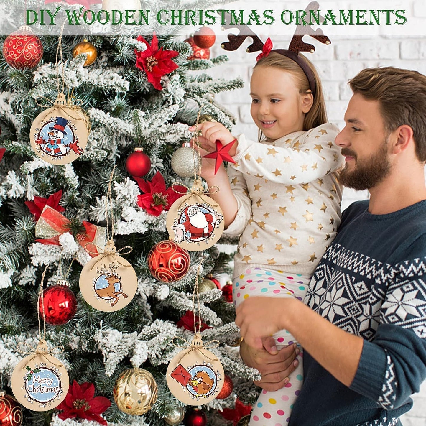 72 Pcs Unfinished Wooden Circles with Holes - Blank Round Wood Discs Slices - Wooden Christmas Hanging Ornaments with Twine for DIY Crafts Present Tags Xmas Party Decor, 3.1x4