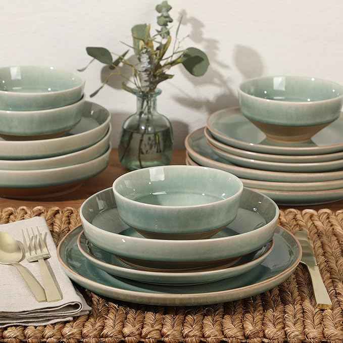 Gibson Elite Hailstone 16 Piece Stoneware Reactive Glaze (Service for 4) Ceramic Plates and Bowls Dinnerware Set - Tropical Green