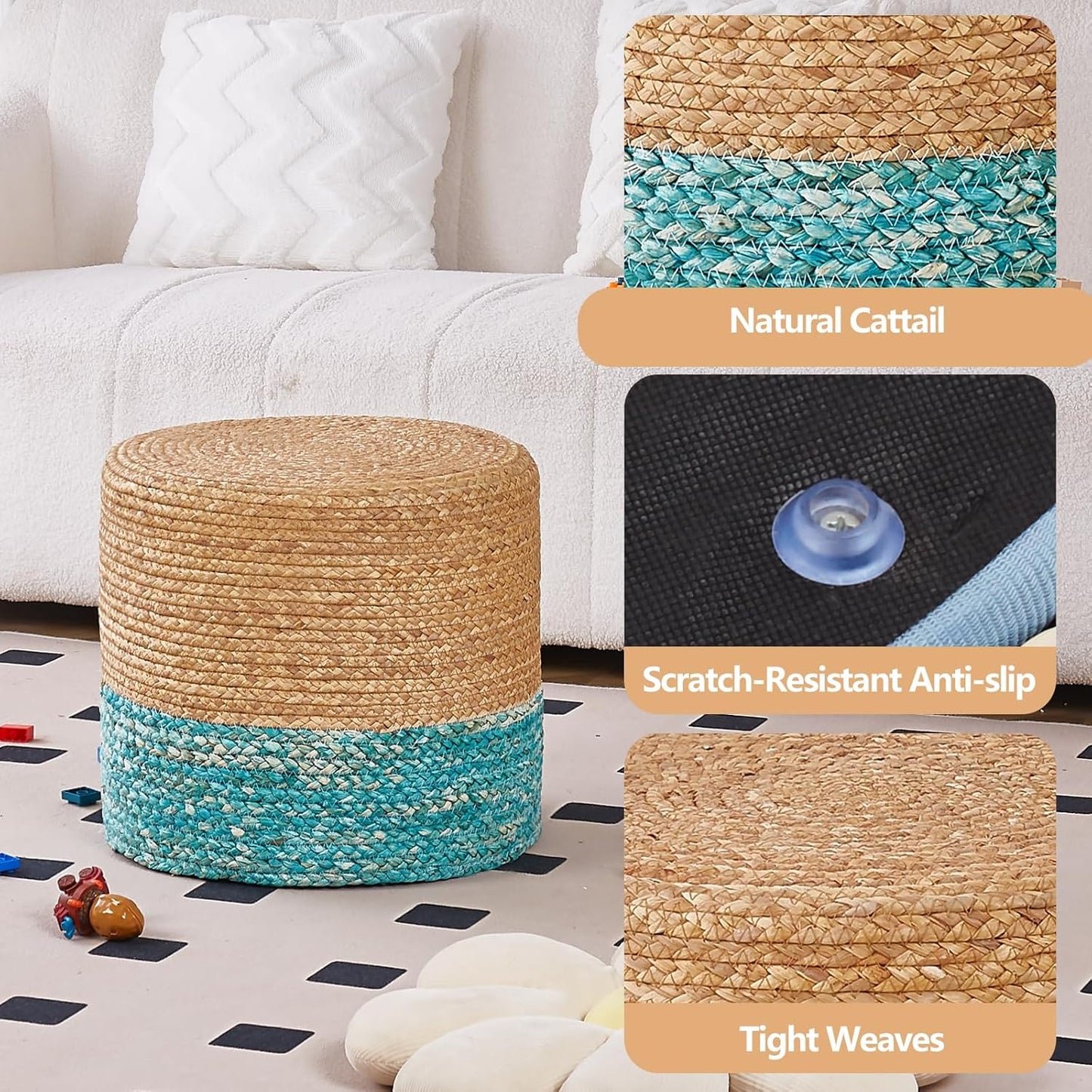 Cplxroc Ottoman Poof, Natural Seagrass Poufs, Hand Weave Round Footstool, Pouffe Accent Chair, Home Decorative Seat, Boho Deco Floor Chair for Living Room, Bedroom (18inch 68LK)