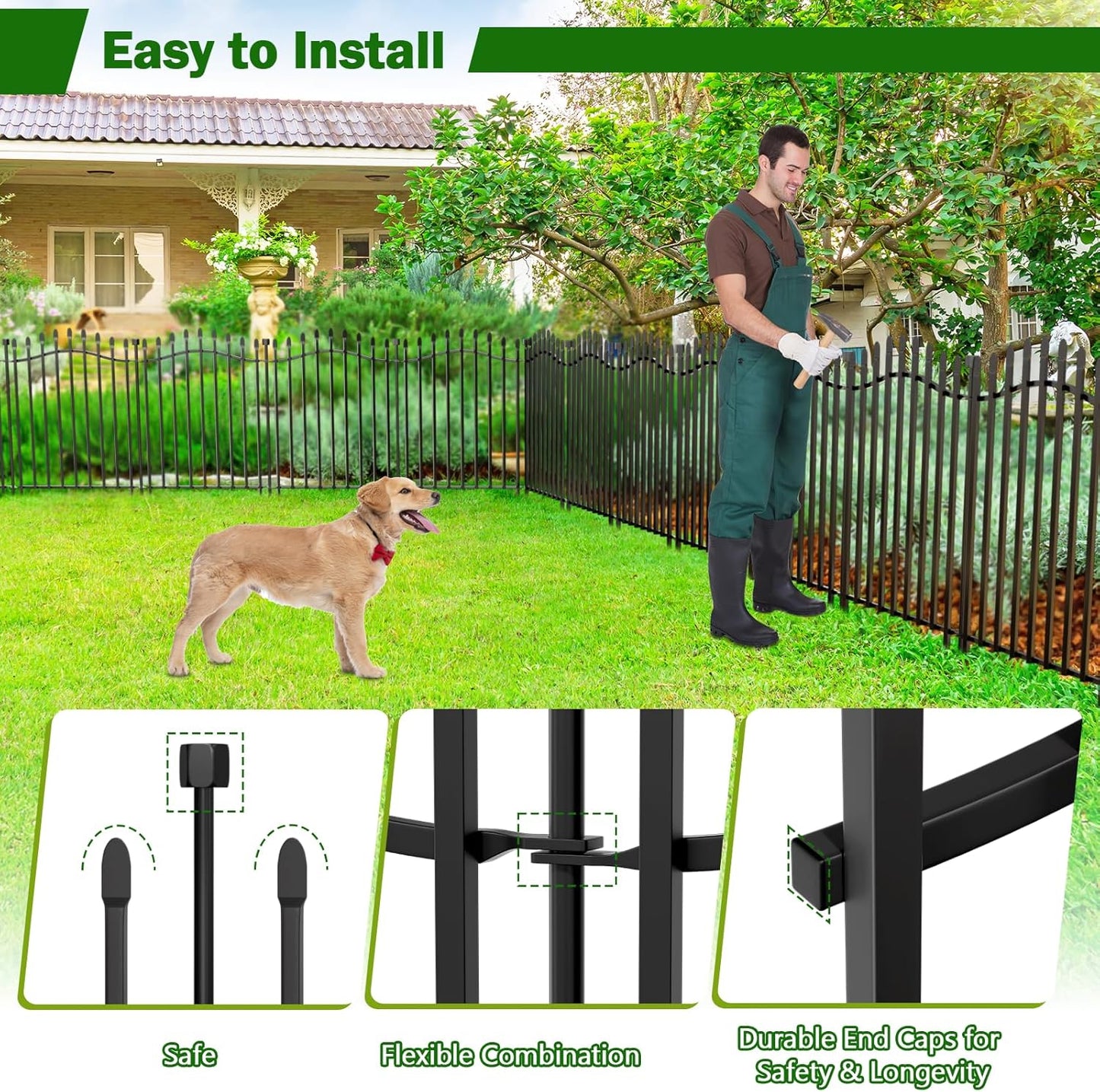 10 Panels No Dig Decorative Garden Fence - 32in H x 22.5ft L, Tall Heavy-Duty Square Tube Animal Barrier, Rustproof Metal Border Fencing for Yard, Outdoor Dog Playpen & Flower Beds