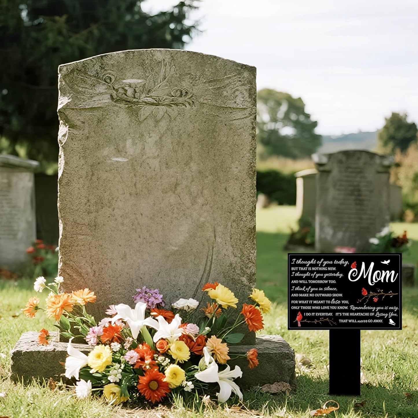 BUoonyer Stake Graves Cemetery Decorations - Mom Metal Memorial Grave Markers, Mother Garden Graveyard Sympathy Plaque, Cardinal Birds Remembrance Graveside Burial Decor Sign for Outdoor Outside Yard