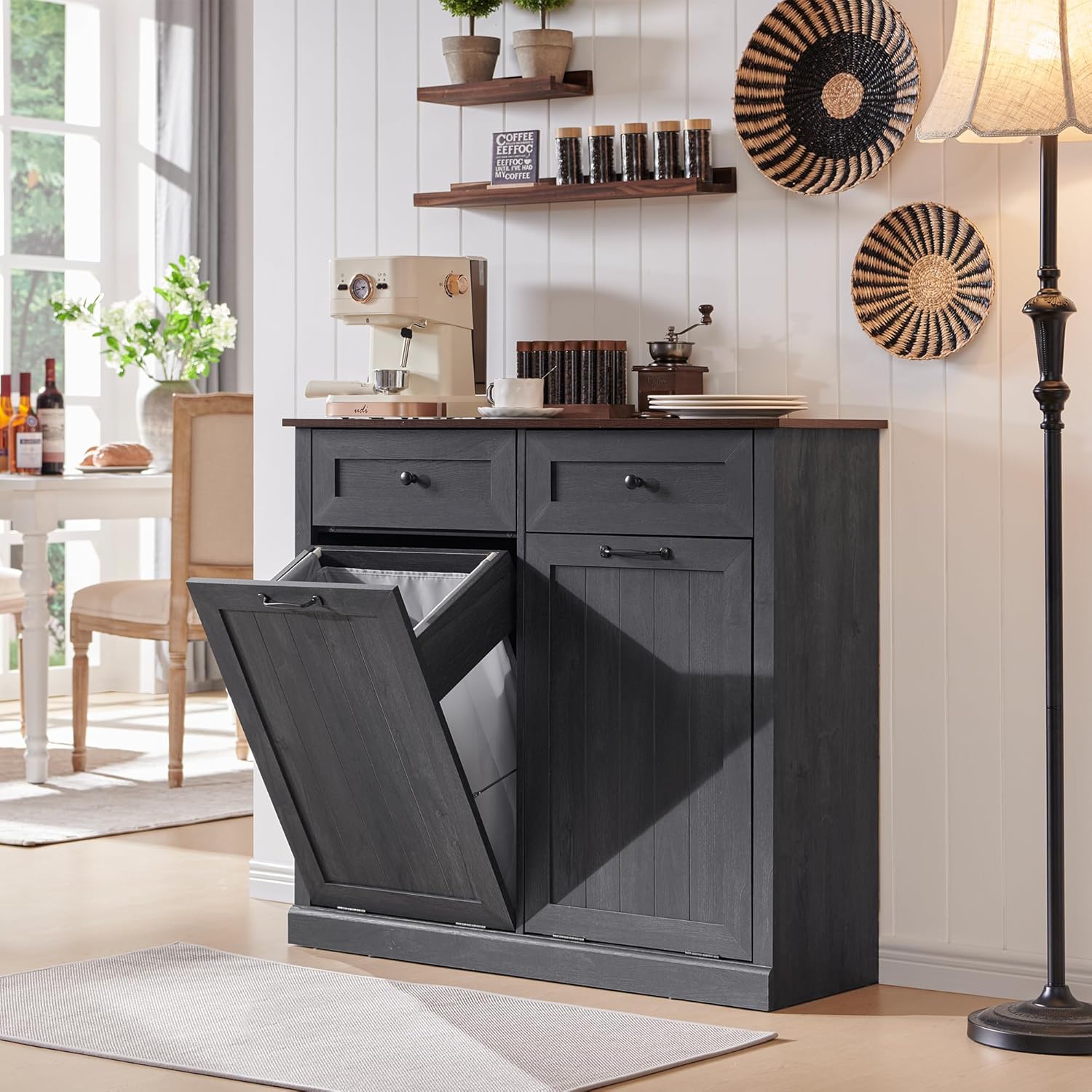 Double Tilt Out Laundry Hamper Cabinet, 20 Gallon Farmhouse Trash Can Cabinet with Drawer, Hidden Wood Garbage Can Bin Cabinet with Laundry Storage Basket for Bathroom, Kitchen, Dark Grey - Lumora Casa