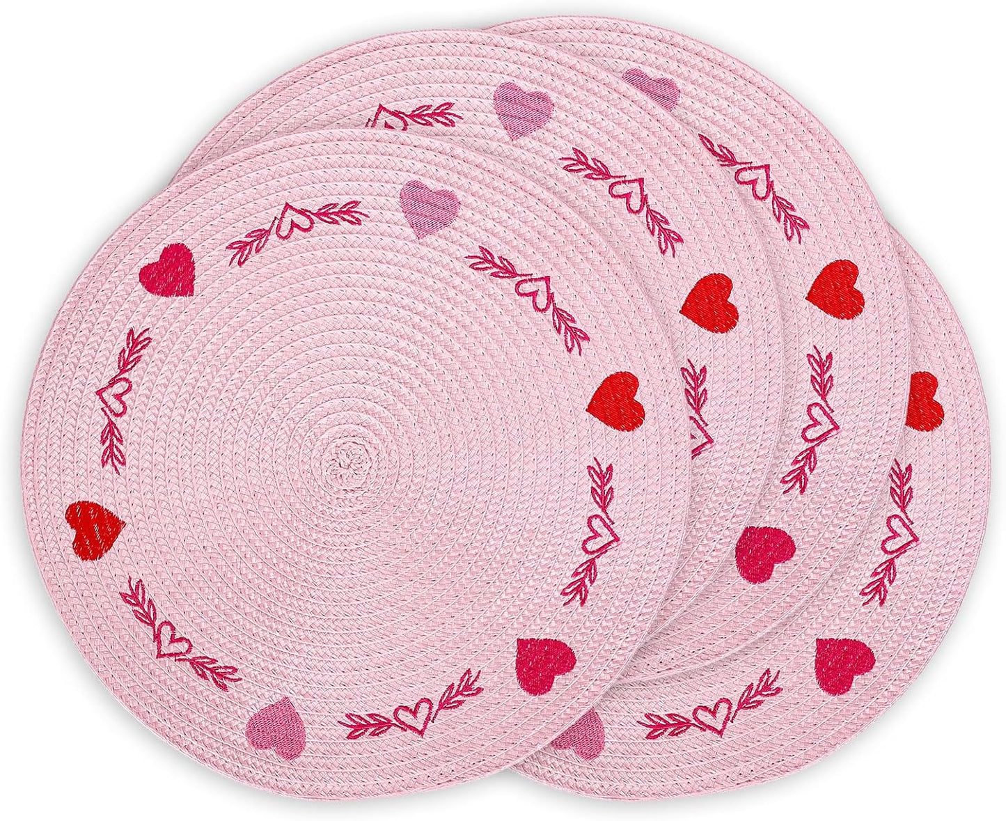 Whaline 4Pcs Round Valentine Placemats Red Pink Heart Embroidered Place Mats Decorative Dinner Table Mats for Home Wedding Anniversary Party Decor