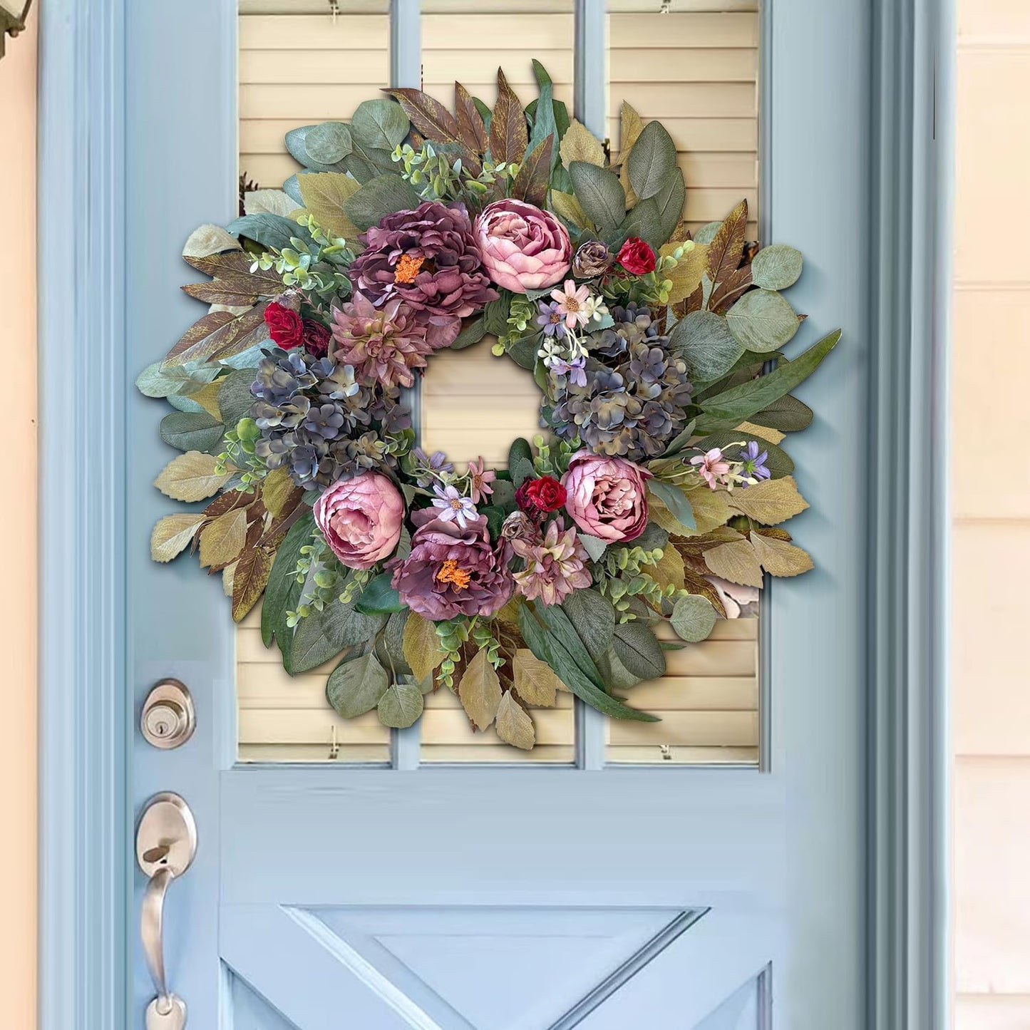WANNA-CUL 24 Inch Spring Wreaths for Front Door Decor, Spring Front Door Wreath with Pink&Purple Peony Floral and Vintage Blue Hydrangea Flower for Wedding or Indoor&Outdoor Wreath Decoration