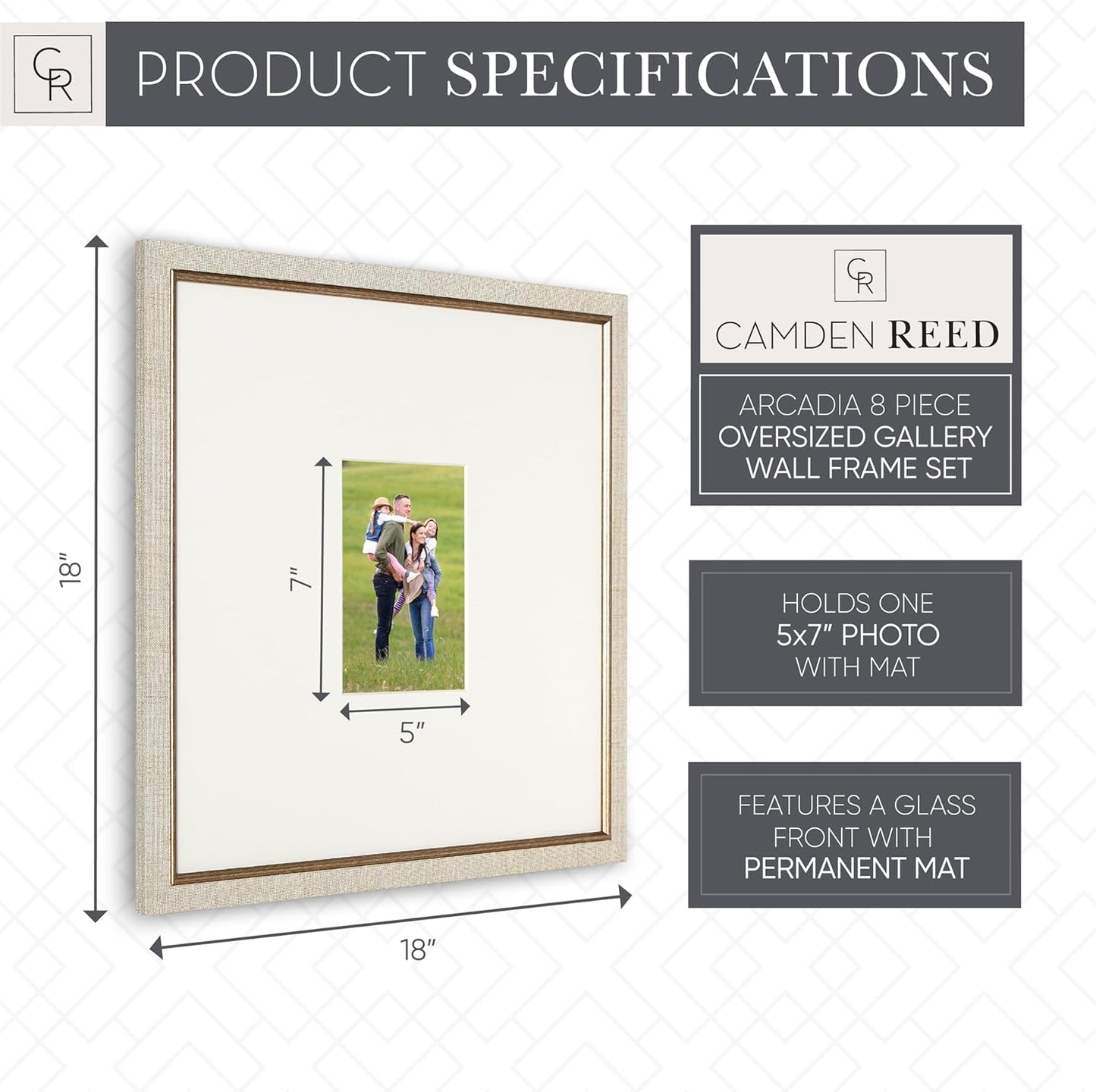 Camden Reed Gallery Wall Frame Set, 8 Pieces, 16x20 and 16x16 Inch Matted Frames, for 8x10 and 5x7 Photos, Ivory and Gold