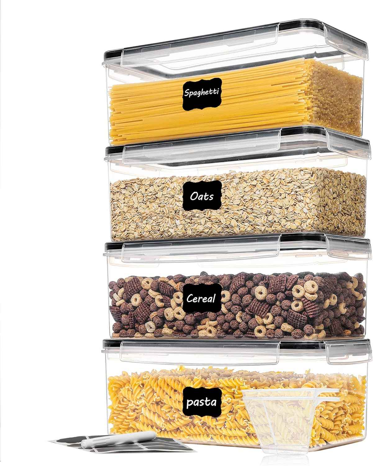 Vtopmart Airtight Food Storage Containers with Lids 4PCS Set 3.2L, Plastic Spaghetti Canisters for Pasta organizer, BPA Free Air Tight Kitchen Pantry Organization