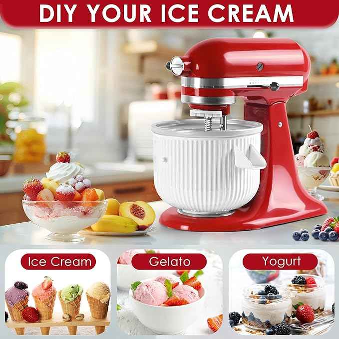 Ice Cream Maker Attachment for KitchenAid Mixers, Fits KitchenAid 4.5/5QT & 6QT Stand Mixers, Frozen Ice Cream & Sorbet Gelato Maker for KitchenAid, 2 Quart, White(Machine/Mixer Not Included)