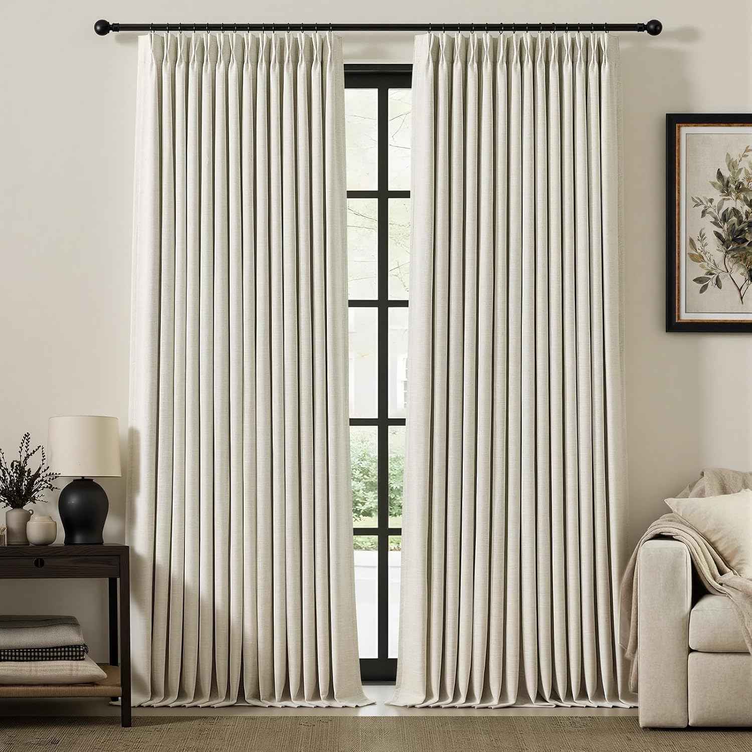 IVAPUPU Natural Linen Blend Pinch Pleated Blackout Curtains for Bedroom - 2 Panels 100% Black Out Curtains 108 Inch Long for Living Room Darkening Thermal Window Curtain Drapes with 16pc Hooks