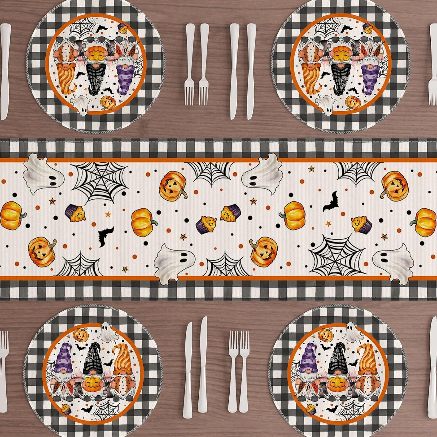 XCHI Spooky Boo Plaid Gnome Halloween Round Placemats Set of 4 Table Mats for Party Home Kitchen Dining Table Decorations 14x14 Inch
