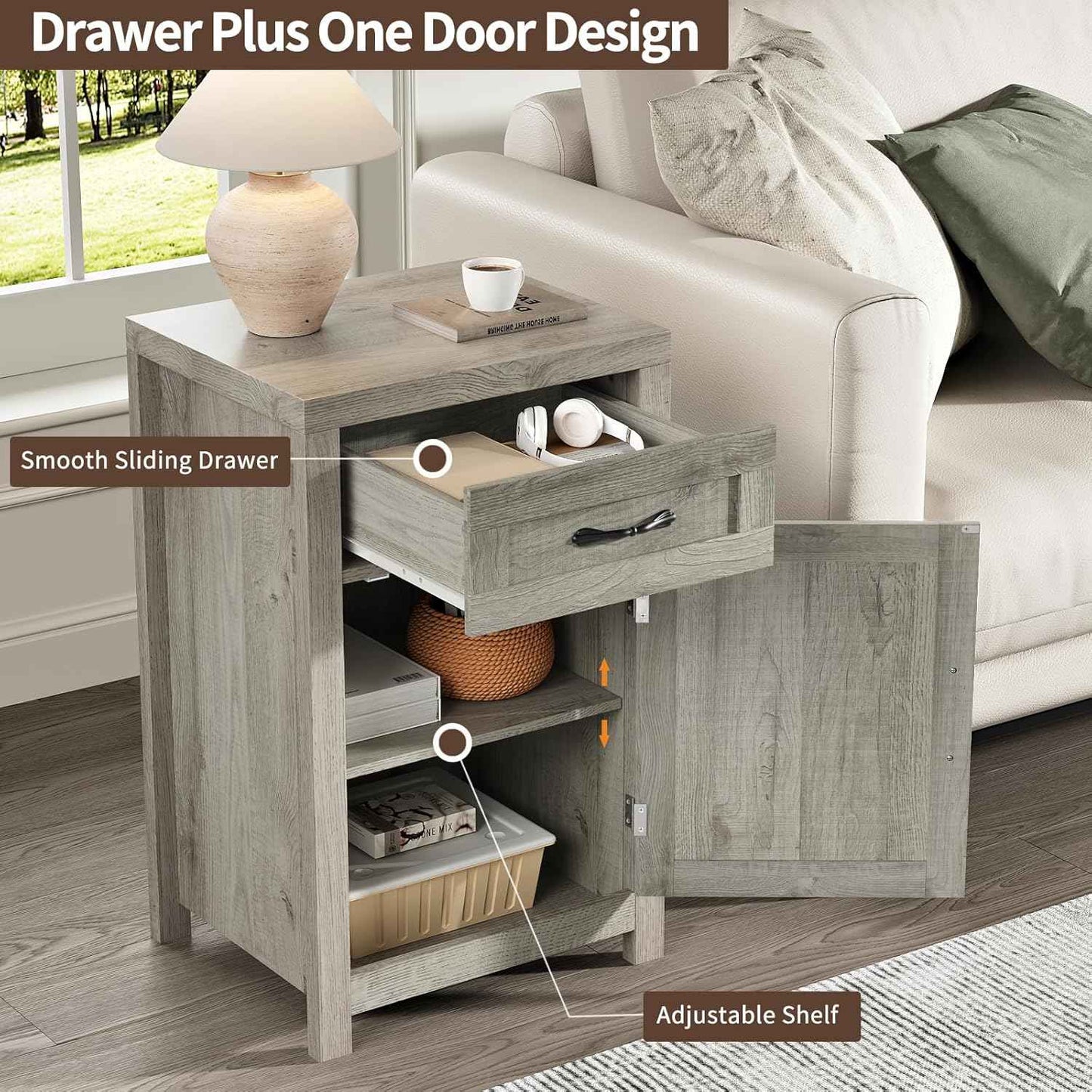 Farmhouse Nightstand Set of 2 with Drawer, 30" End Table with Storage Cabinet and Adjustable Shelf, Tall Bedside Table Rustic Wood Sofa Side Table for Living Room, Bedroom, Grey
