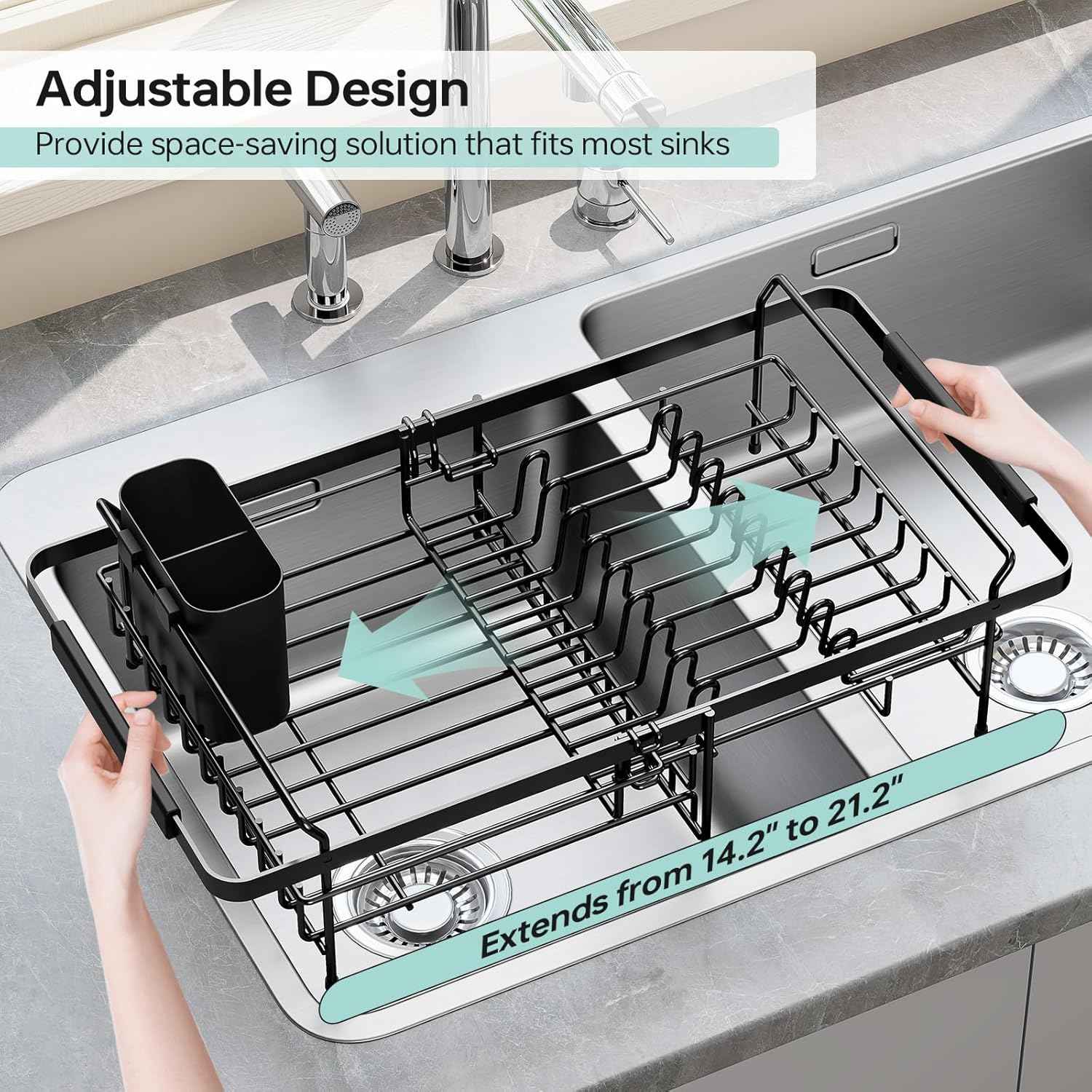 Urackify Dish Drying Rack in Sink - Expandable (14.5''-18''L) Over The Sink Dish Rack with Utensil Holder, Space-Saving Dish Drainer for Kitchen Counter, 1 Piece, Matte Black