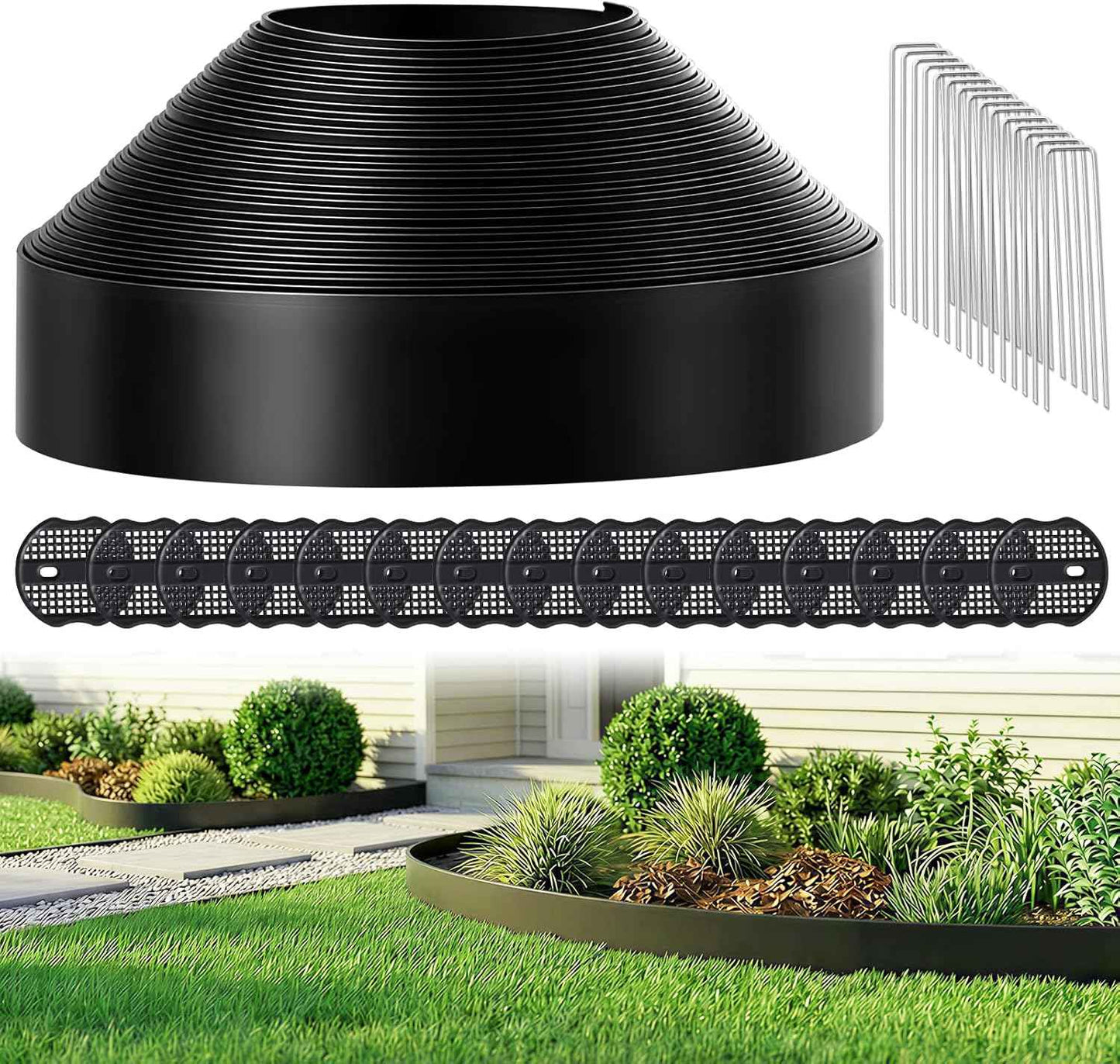 GOTGELIF Landscape Edging Border Kit No Dig, 3'' x 100FT, Black Garden Edging with 110 U-Shaped Nails for Lawn, Flower Beds, and Yard Borders