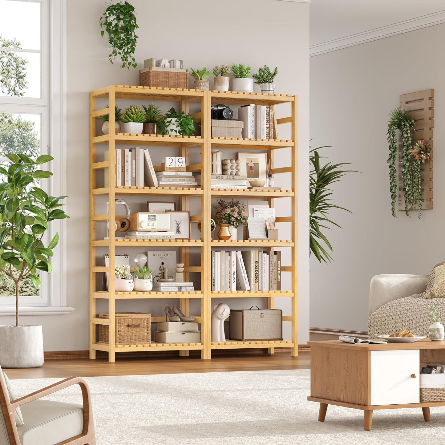 FOTOSOK 6-Tier Bamboo Shelf, Bamboo Bookcase with Adjustable Shelves, Free Standing Storage Shelf Unit, Plant Flower Stand for Kitchen, Bathroom, Home Office, Natural